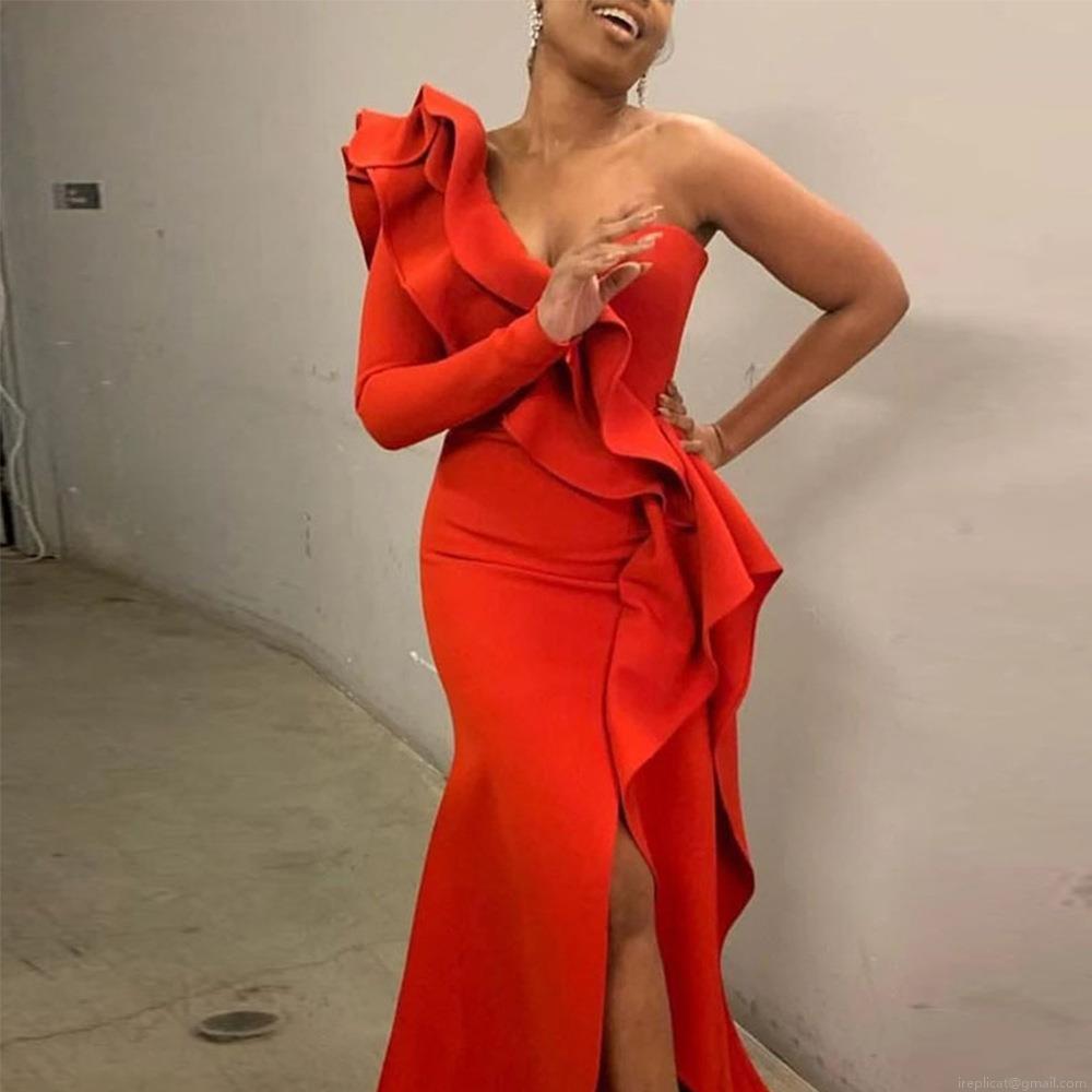 Women's Sexy One Shoulder Ruffle Evening Gown Elegant Solid Color Slim Fit Long Sleeve Asymmetrical High Slit Maxi Dress For Party Prom Wedding