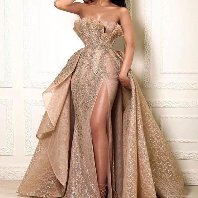 Sexy Gold Strapless Sequin Evening Dress Elegant High Slit Lace Embroidery Long Maxi Gown For Wedding Party Banquet Formal Events Women Fashion Prom Gown