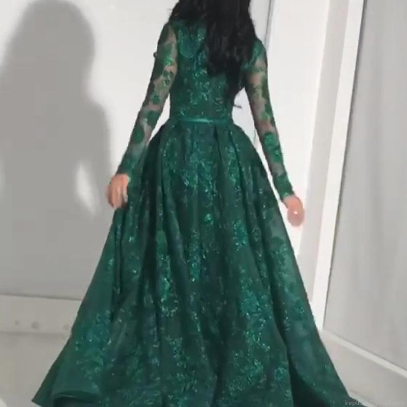 Women Elegant Sequin Embroidery Maxi Dress Long Sleeve High Slit Evening Gown Round Neck Floral Lace Polyester Dress For Wedding Party Banquet