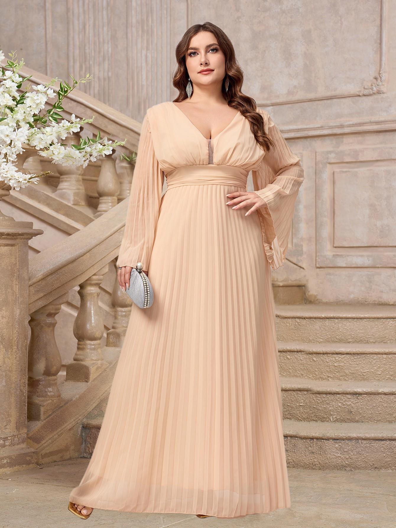 Women's Plus Size Elegant V-Neck Pleated Maxi Dress Chiffon Flare Long Sleeve Evening Party Gown For Wedding Anniversary Lady Occasion Clothing