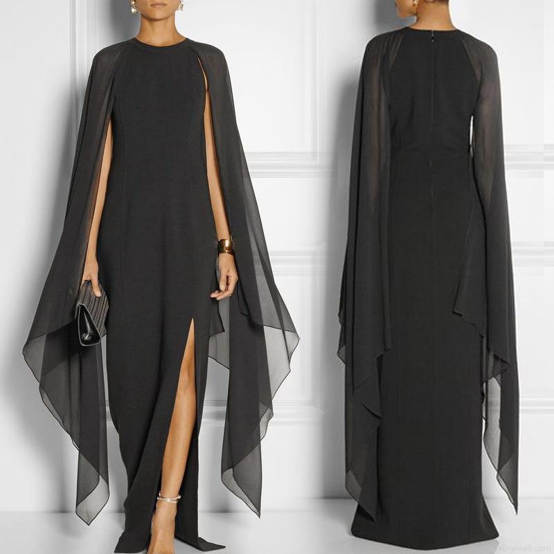 Women's Plus Size Elegant Evening Gown Chiffon Cloak Sleeve High Slit Maxi Dress Solid Color Polyester Banquet Formal Party Wedding Dress