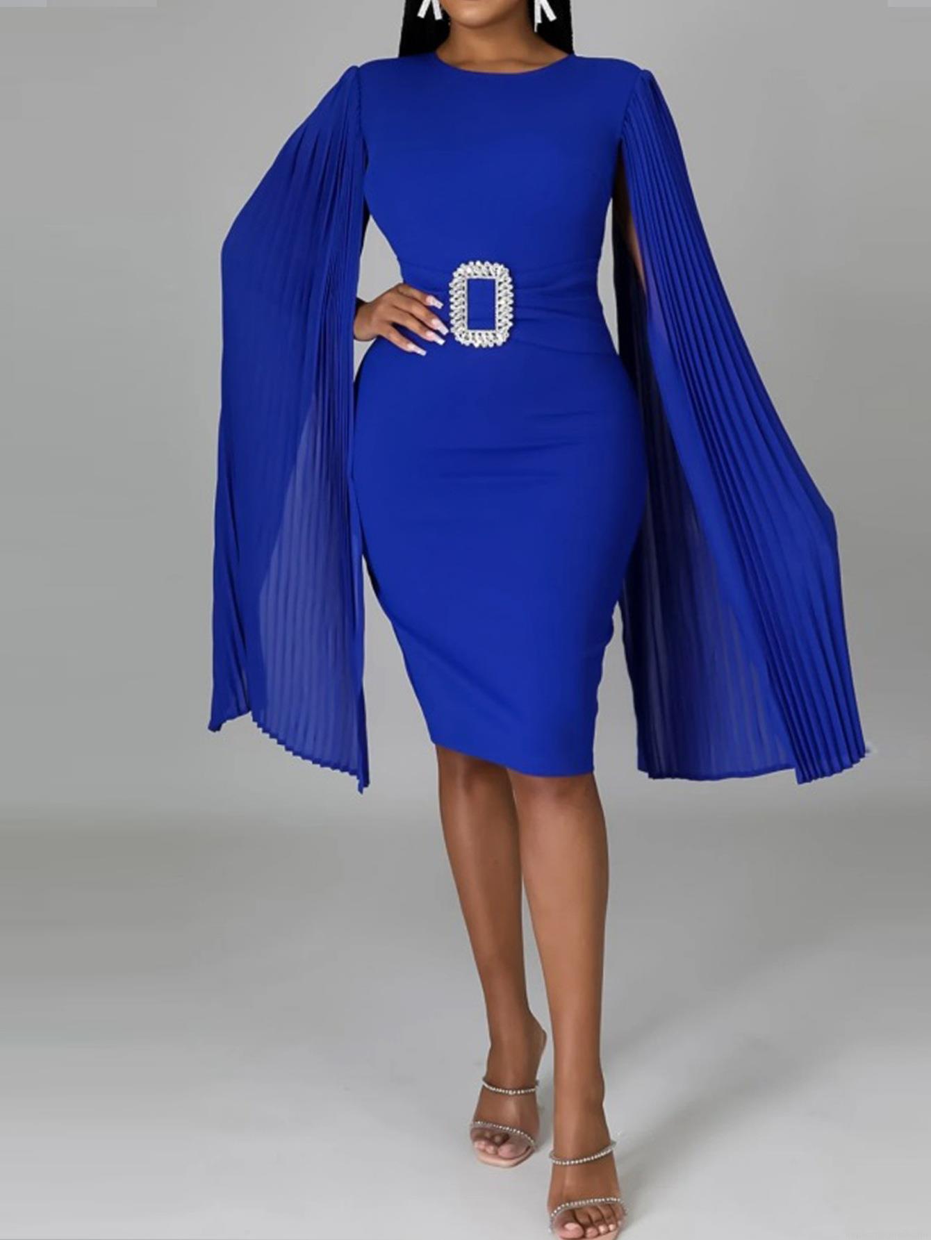 Women's Elegant Sexy Bodycon Midi Dress Pleated Cloak Sleeves Rhinestone Buckle Polyester Spandex Evening Party Wedding Guest Dress