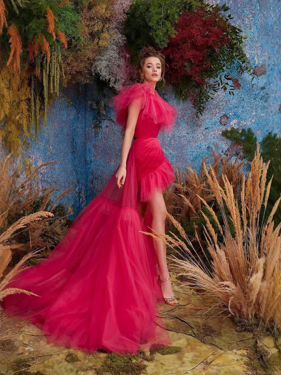 Women's Sexy Magenta Mesh Tiered Ruffle Evening Gown Single Shoulder High Low Tulle Party Dress For Banquet Wedding Occasion Bodycon Maxi Dress