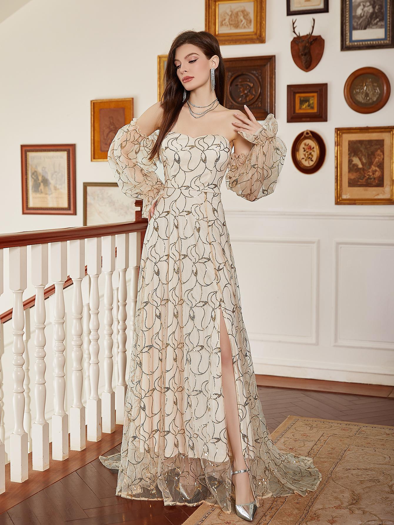Elegant Sexy Gold Sequined Evening Gown Women Luxury Off-Shoulder Puff Sleeve Tulle Mesh High Slit Maxi Dress For Wedding Party Gala Banquet