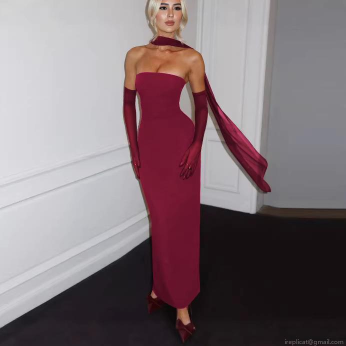 Women Sexy Strapless Bodycon Maxi Dress Set With Long Gloves And Neck Scarf Solid Color Polyester Spandex Slim Fit Evening Party Gown For Banquet Prom Wedding