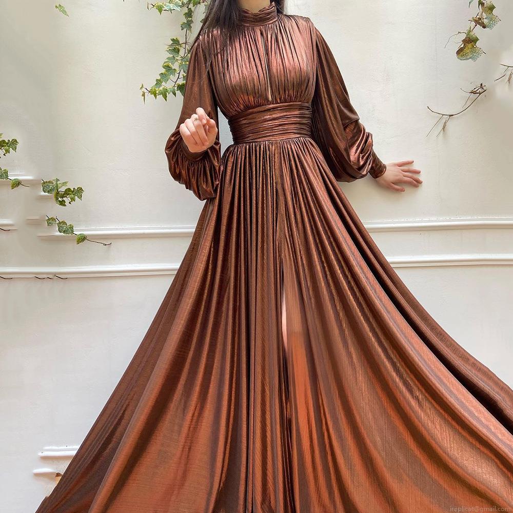 Women's Elegant Metallic Pleated Evening Dress Long Sleeve High Neck Hollow Out Sexy High Slit Maxi Party Gown For Wedding Formal Event