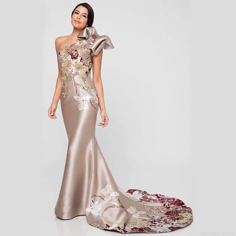 Elegant One Shoulder Floral Embroidery Satin Mermaid Evening Dress With Train Sexy Backless Party Banquet Formal Gown For Women