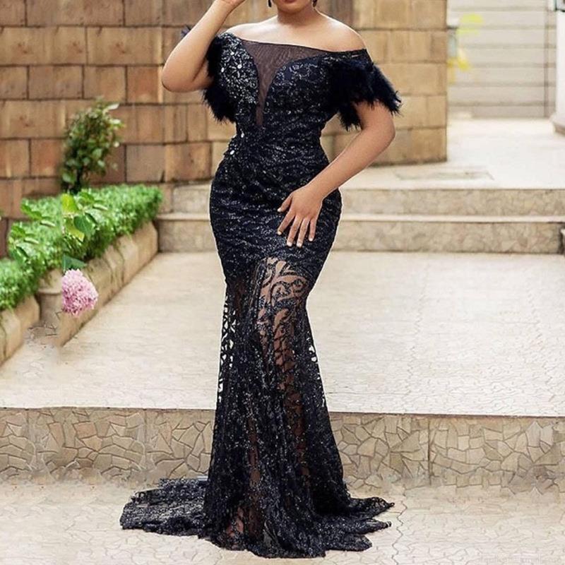 Women's Elegant One-Shoulder Sequin Mermaid Evening Dress With Feather Sleeves Lace Mesh Patchwork Slim Fit Long Formal Party Gown For Banquet