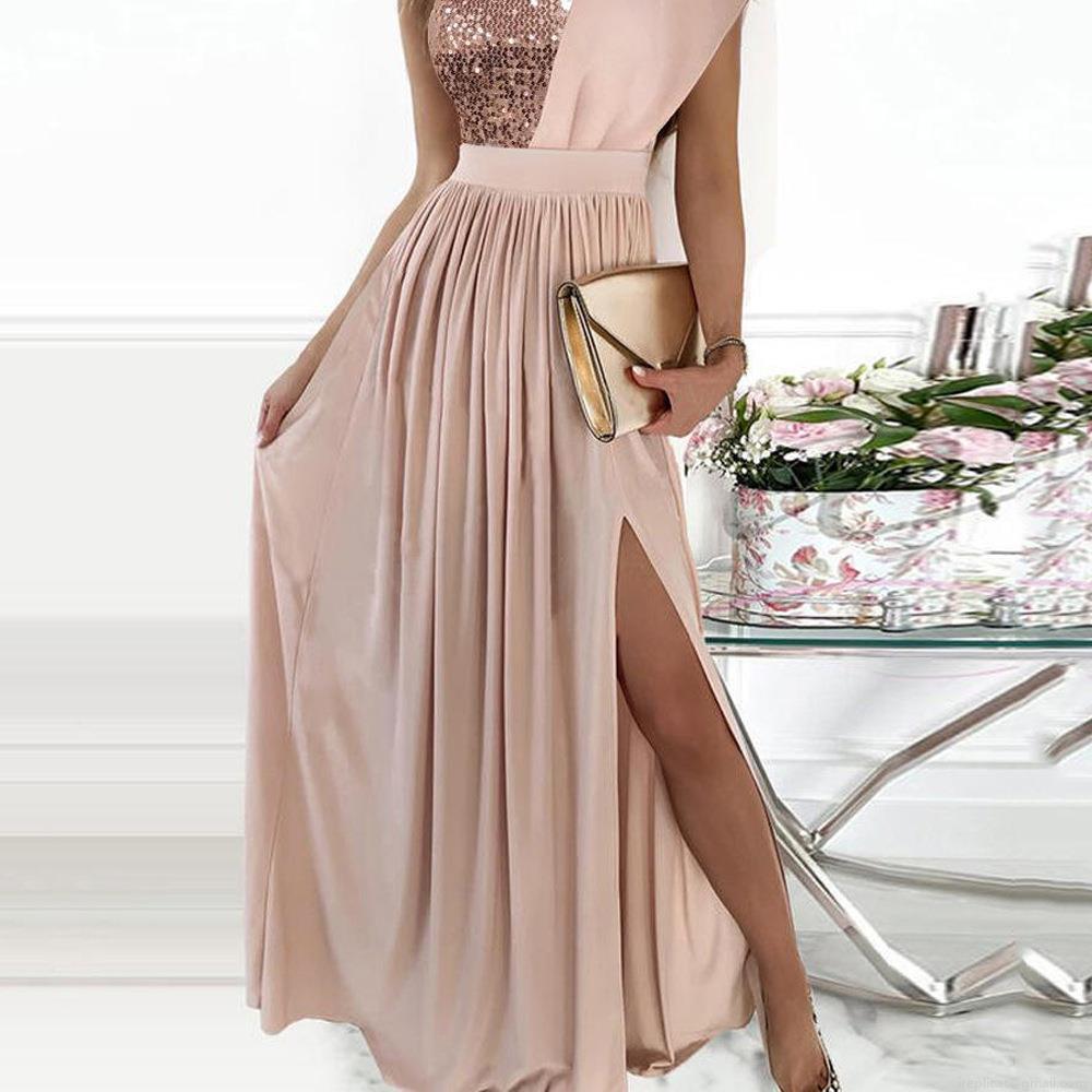 Elegant Women Sequin Patchwork Maxi Dress One Shoulder High Split Evening Gown Sexy Sleeveless Prom Party Dress Formal Wedding Guest Attire