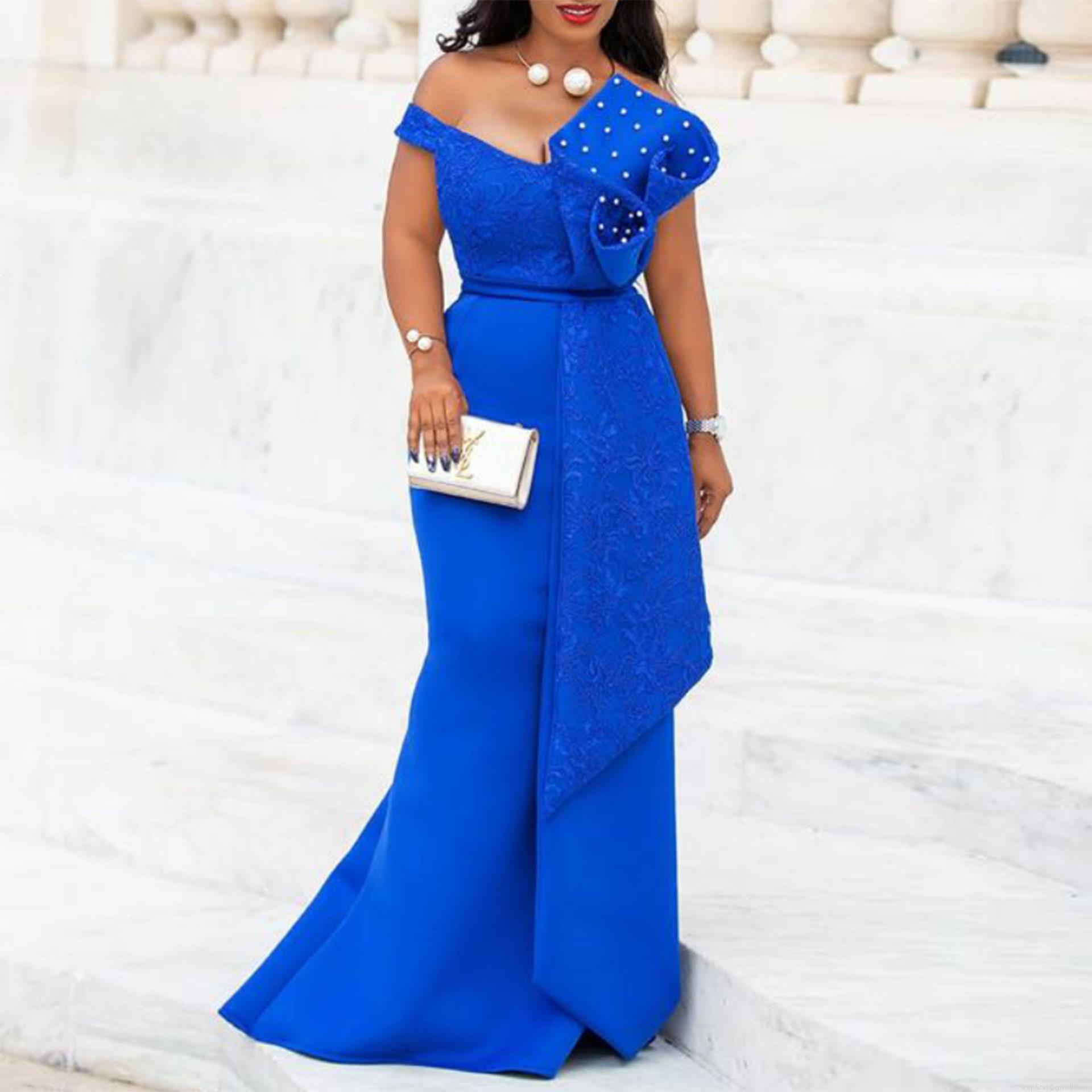 Elegant Off Shoulder Mermaid Evening Dress for Women Lace Patchwork Pearl Beaded Party Gown Formal Wedding Guest Floor-Length Dress