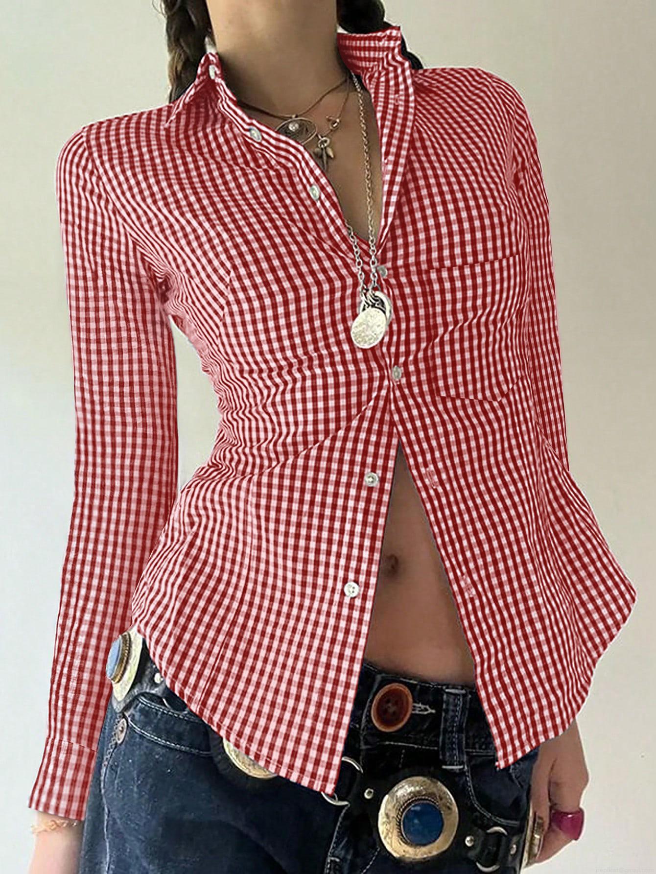 Women's Plaid Button Down Shirt Polyester Cotton Blend Long Sleeve Slim Fit Blouse Y2K Retro Casual Top for Daily Commuting Fall Winter Fashion