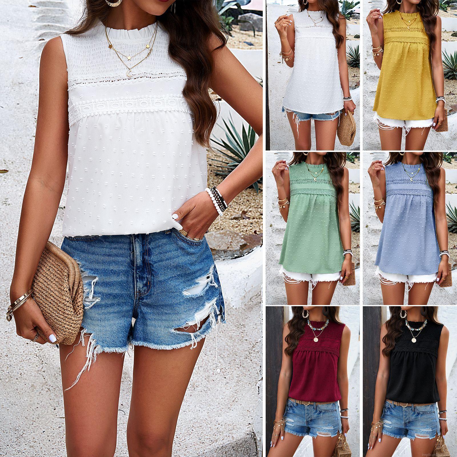 Women's Sleeveless Blouse Mock Neck Swiss Dot Lace Trim Summer Tank Top Casual Loose Shirt For Vacation Work Office Ladies 100% Polyester