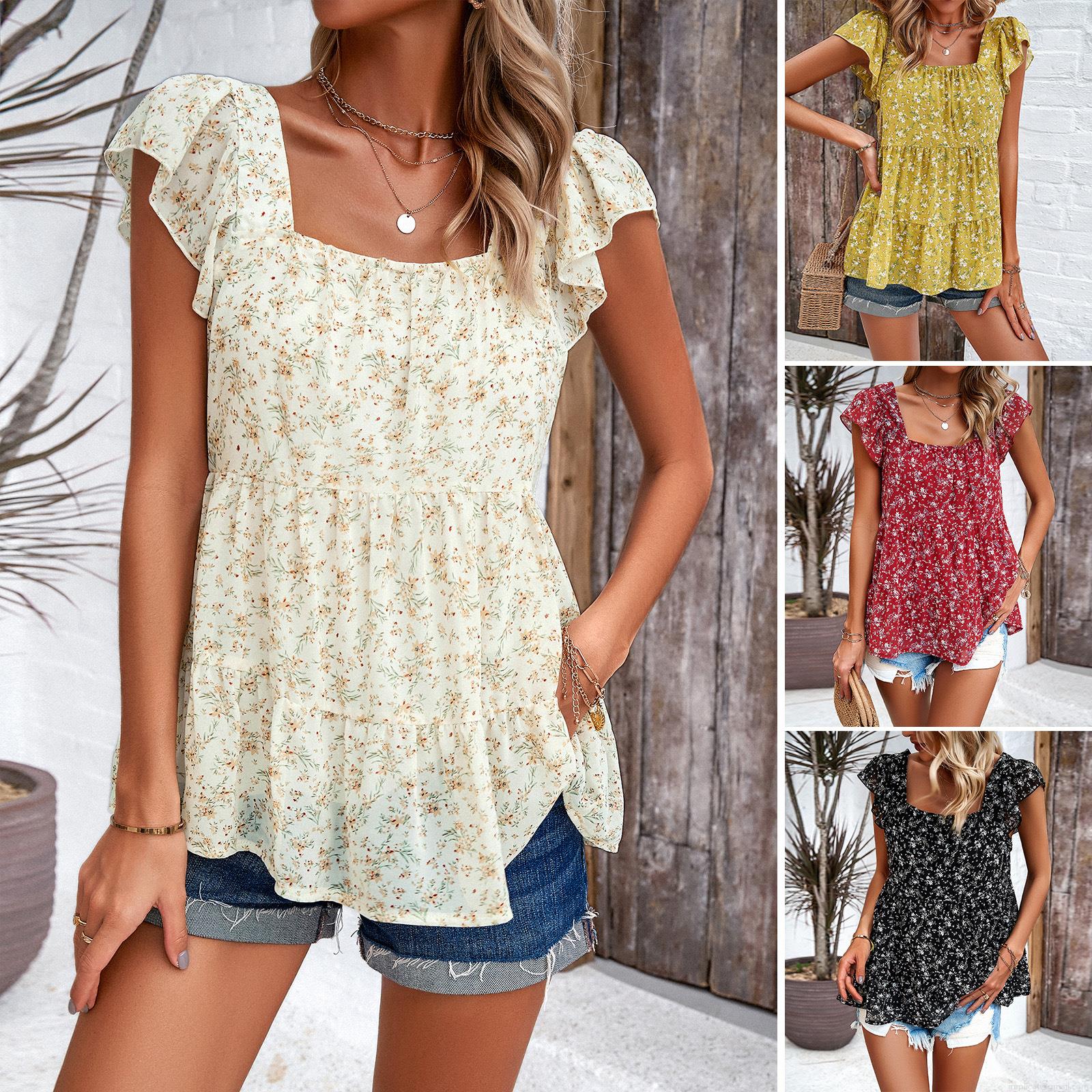 Women's Summer Floral Print Chiffon Top Elegant Square Neck Flutter Sleeve Babydoll Blouse Layered Ruffle Hem Casual Vacation Shirt For Women