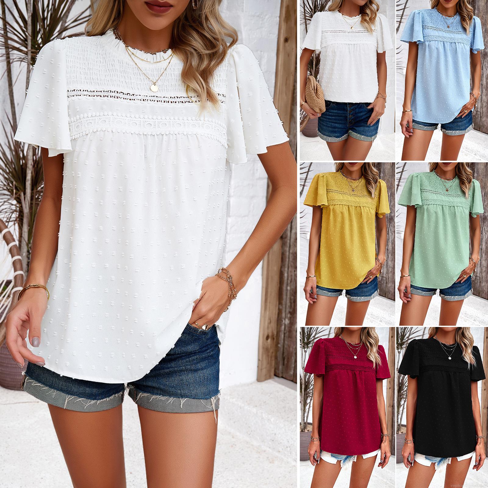 Women's Swiss Dot Lace Patchwork Blouse Short Sleeve Ruffle Smocked Top Summer Casual Hollow Out Round Neck Blouse With Back Tie For Ladies