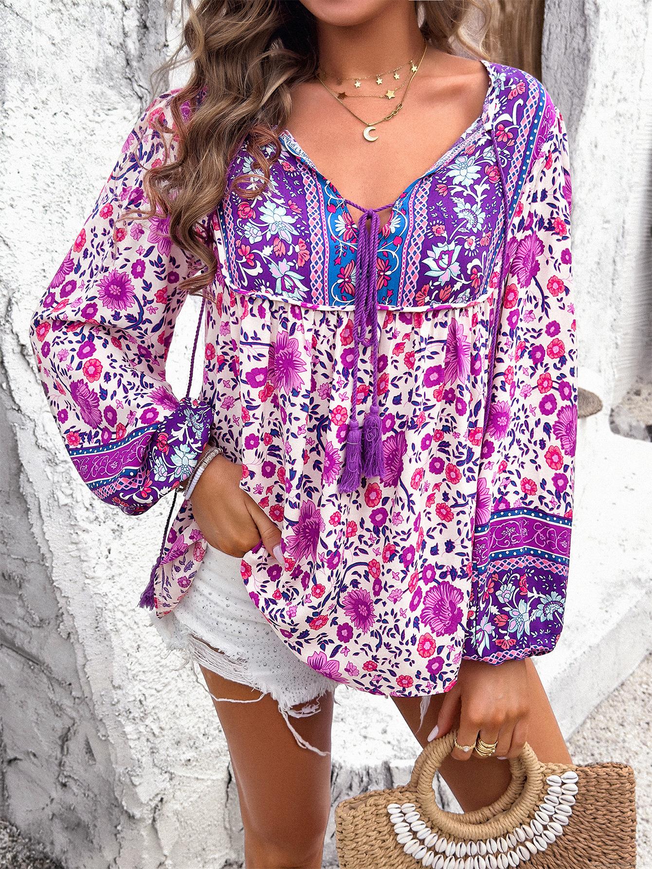 Women's Bohemian Floral Print Long Sleeve Blouse V Neck Tie Tassel Loose Viscose Shirt For Vacation Casual Spring Autumn Top