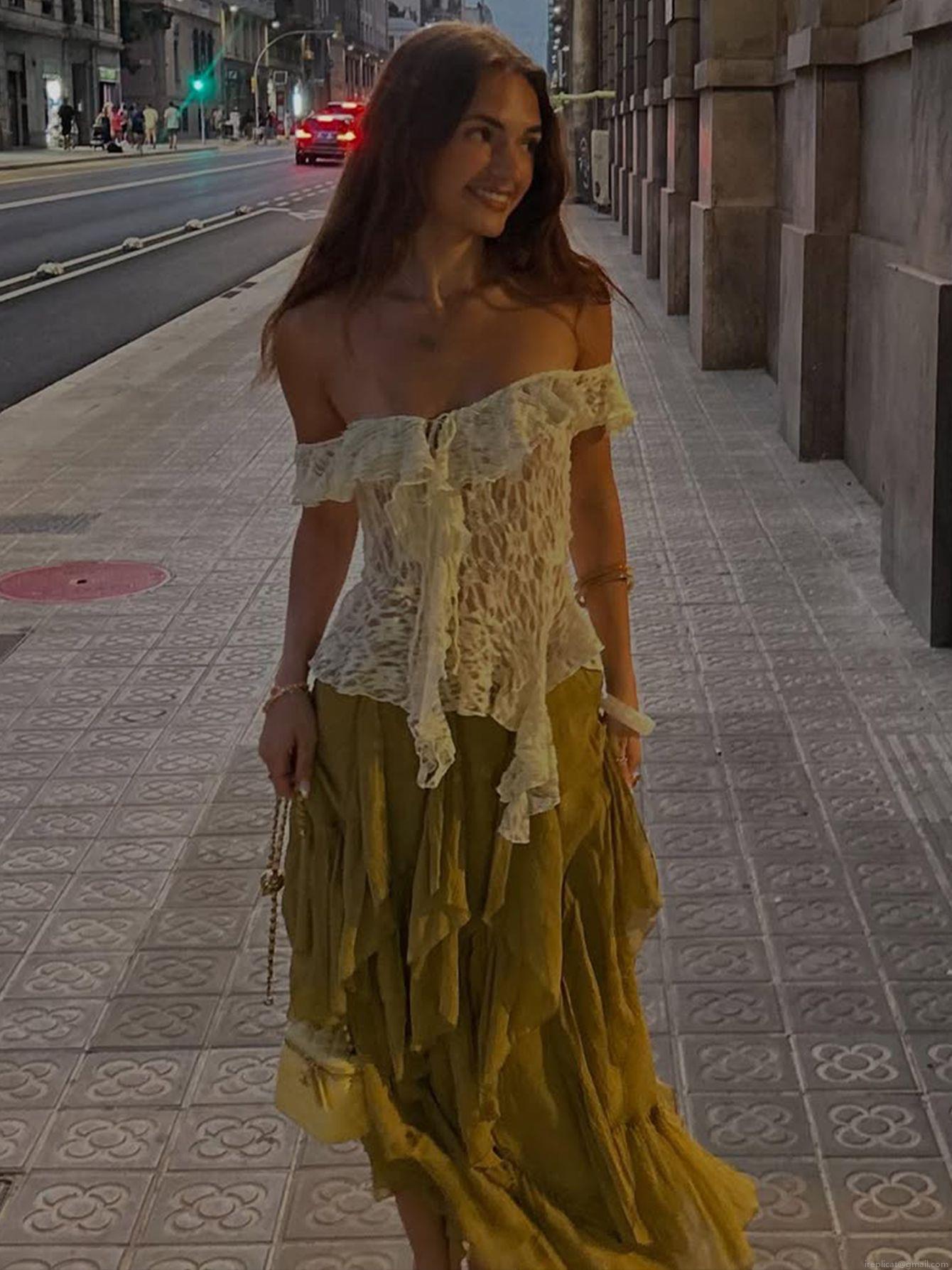 Women's Sexy Off Shoulder Lace Blouse Ruffle Trim Irregular Hem Tie Up Summer Beach Vacation Sleeveless Mesh Top For Women Nylon Spandex