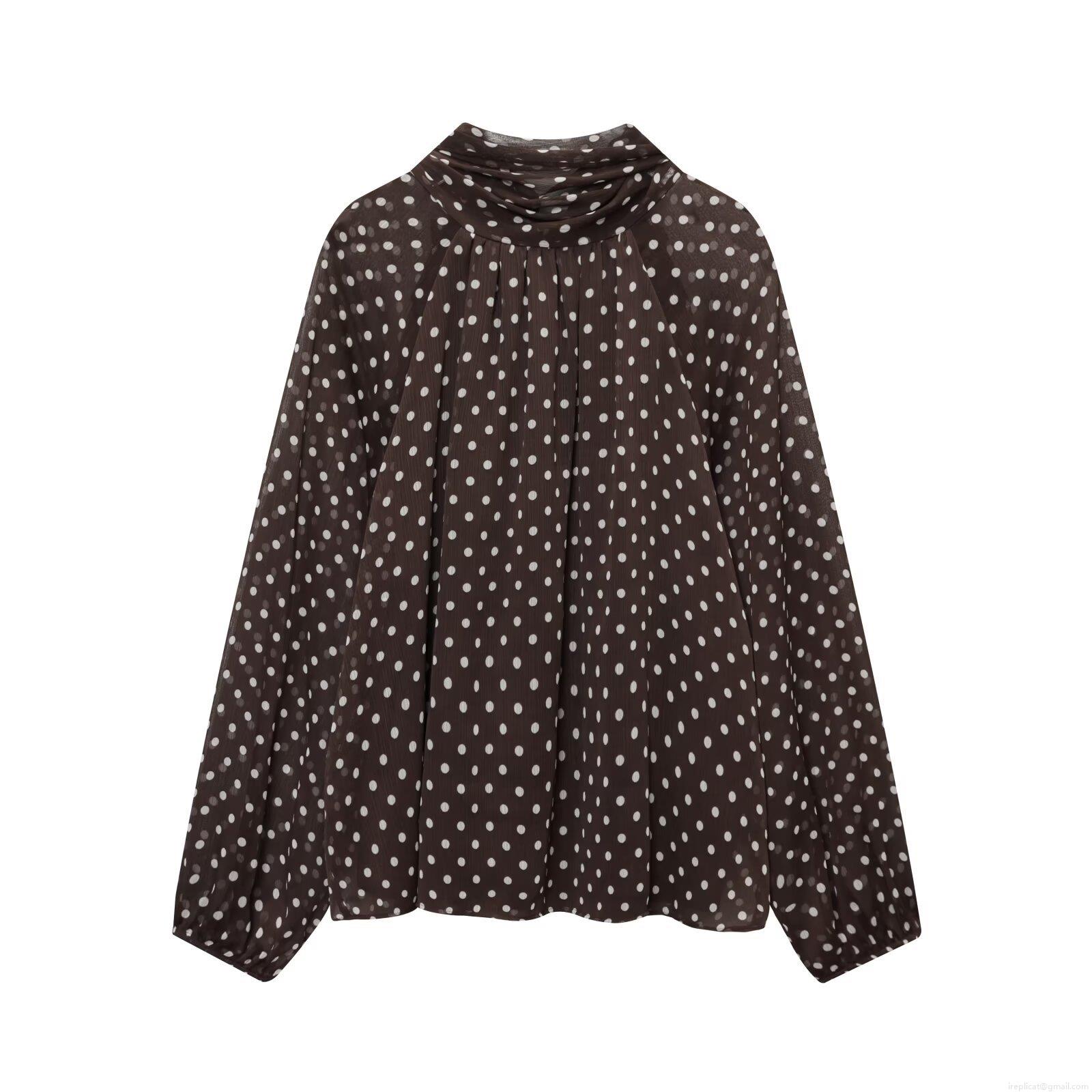 Women's Elegant Polka Dot Chiffon Blouse Long Sleeve Bow Tie Neck High Collar Casual Office Top Retro Bubble Sleeve Shirts For Women