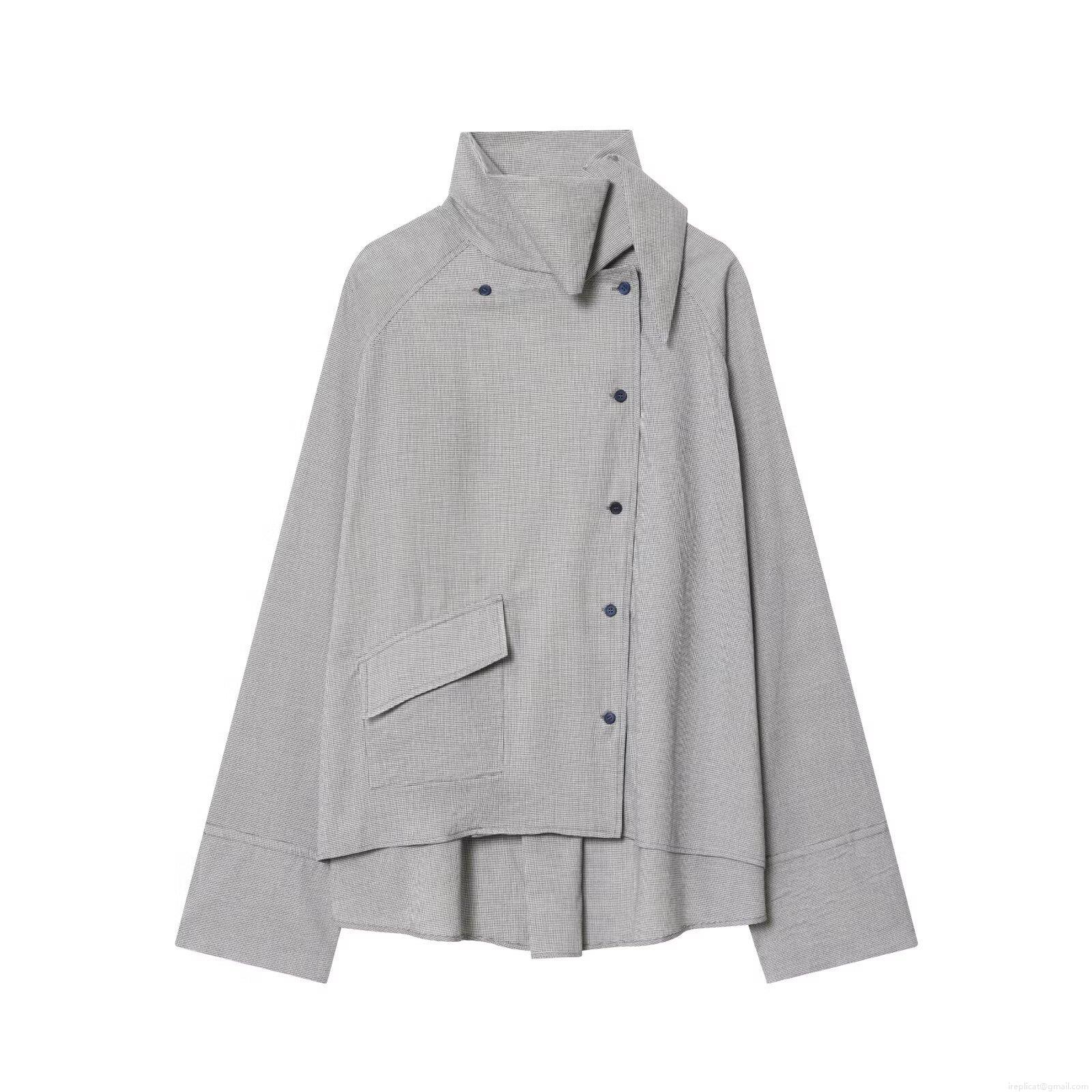 Women's Plaid Asymmetric Hem Shirt High Neck Side Button Loose Streetwear Blouse Fashion Polyester Long Sleeve Top With Large Flap Pocket