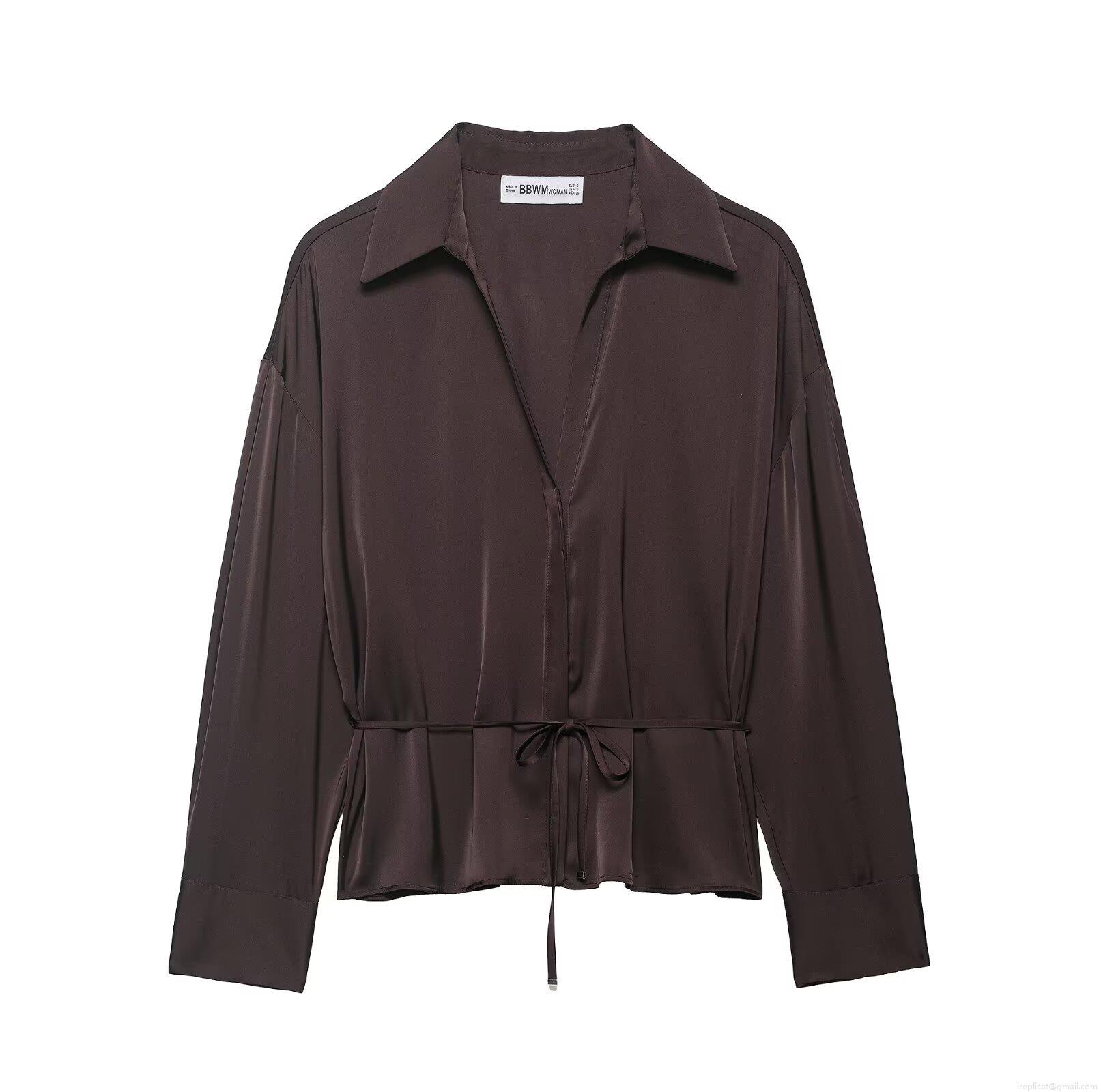 Women's Elegant Satin Silk-Like Blouse V-Neck Long Sleeve Shirt With Tie Waist Belt Commuter Minimalist Solid Color 100% Polyester Tops