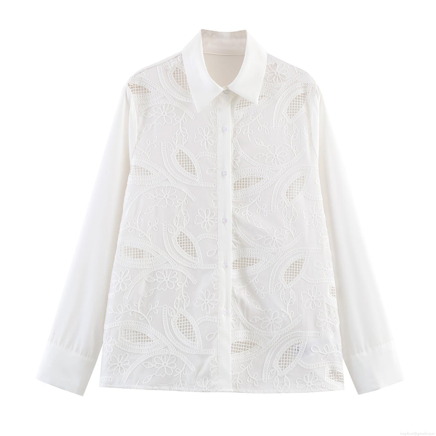 Women's French Romantic White Embroidered Blouse Hollow Out Long Bubble Sleeve Shirt Turn Down Collar Elegant Loose A-Line Top For Ladies
