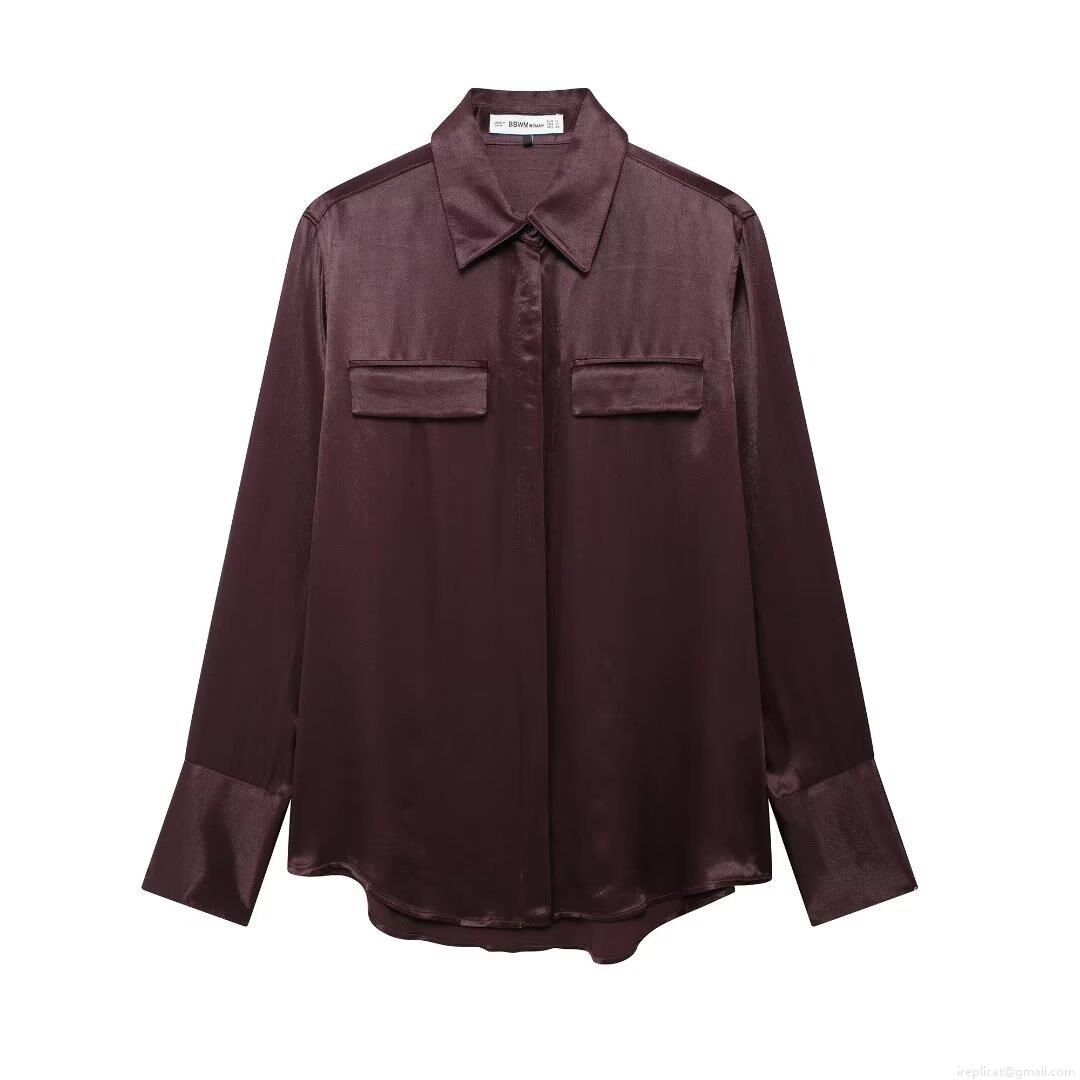 Women Elegant Satin Button Down Blouse Long Sleeve Lapel Shirt With Pockets Office Lady Work Plain Casual Loose Top