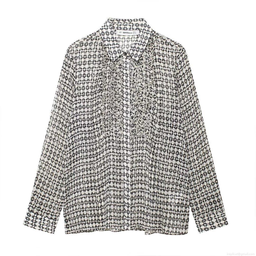 French Style Elegant Geometric Print Chiffon Blouse For Women Long Sleeve Pleated Lapel Shirt Office Commute Tops With Gold Thread Detail