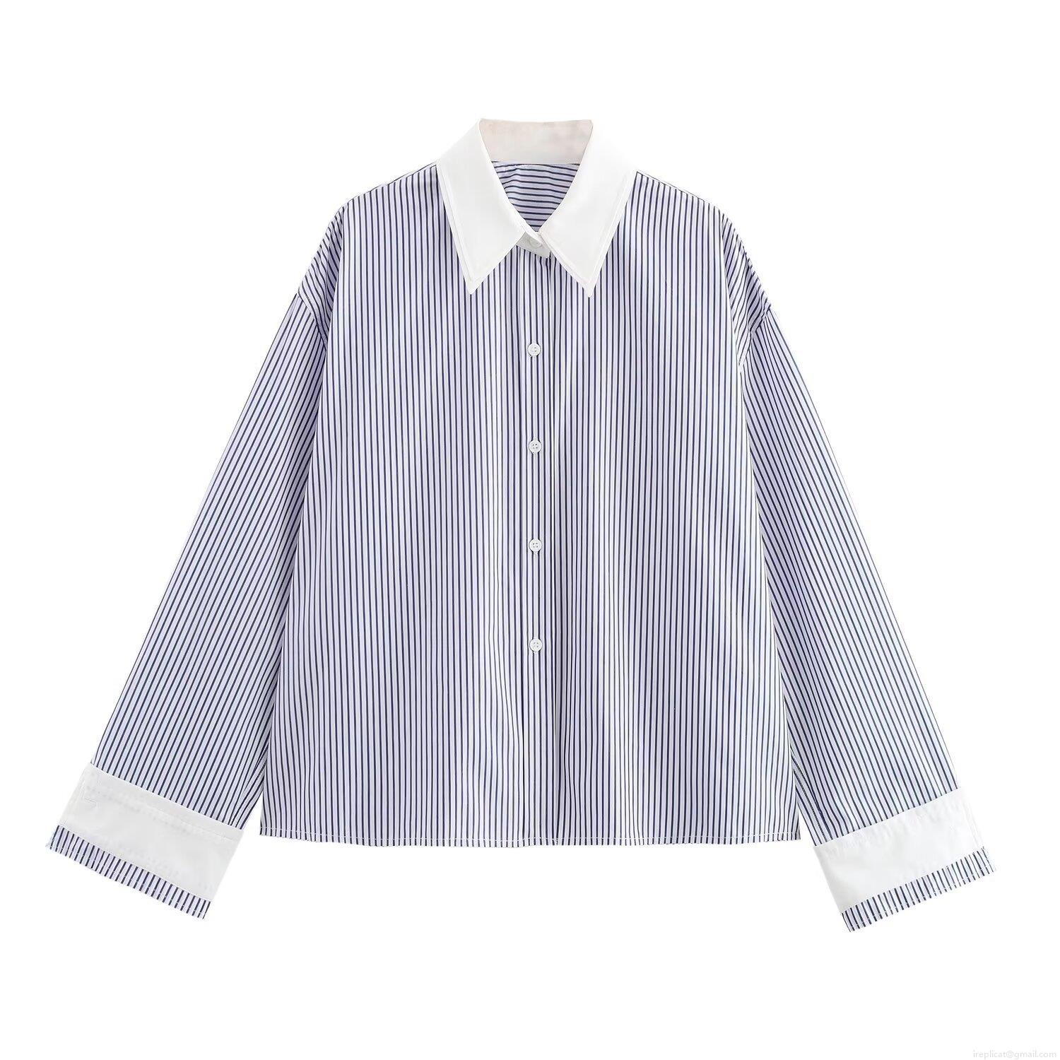Women Loose Striped Shirt Contrast White Collar Cuff Long Sleeve Blouse Preppy Commuter Style Polyester Poplin Top for Office Daily Wear