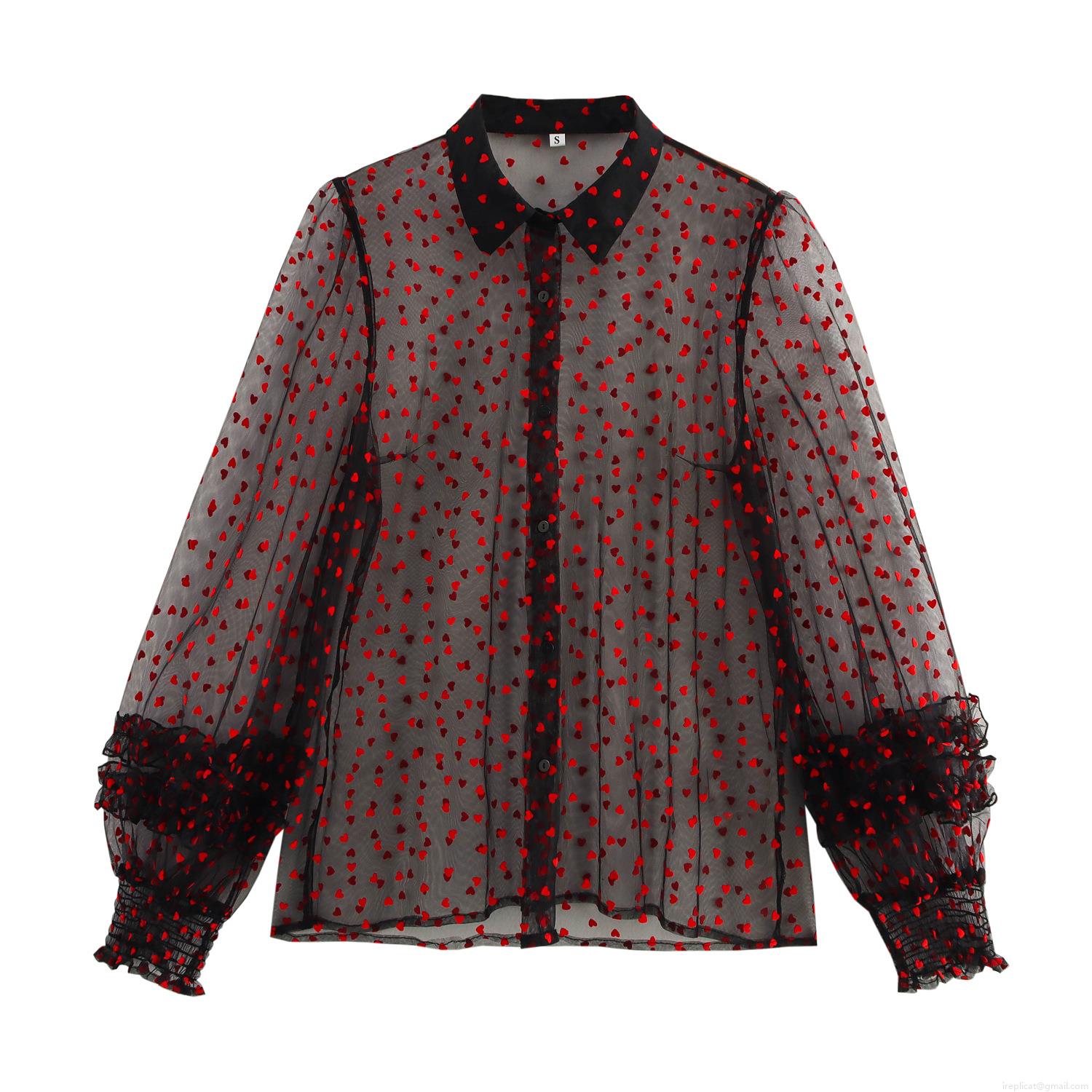 Women's Sheer Mesh Blouse Red Flocked Heart Pattern Shirt Lantern Sleeve Ruffle Cuff Button Down Sweet Sexy See Through Top For Women