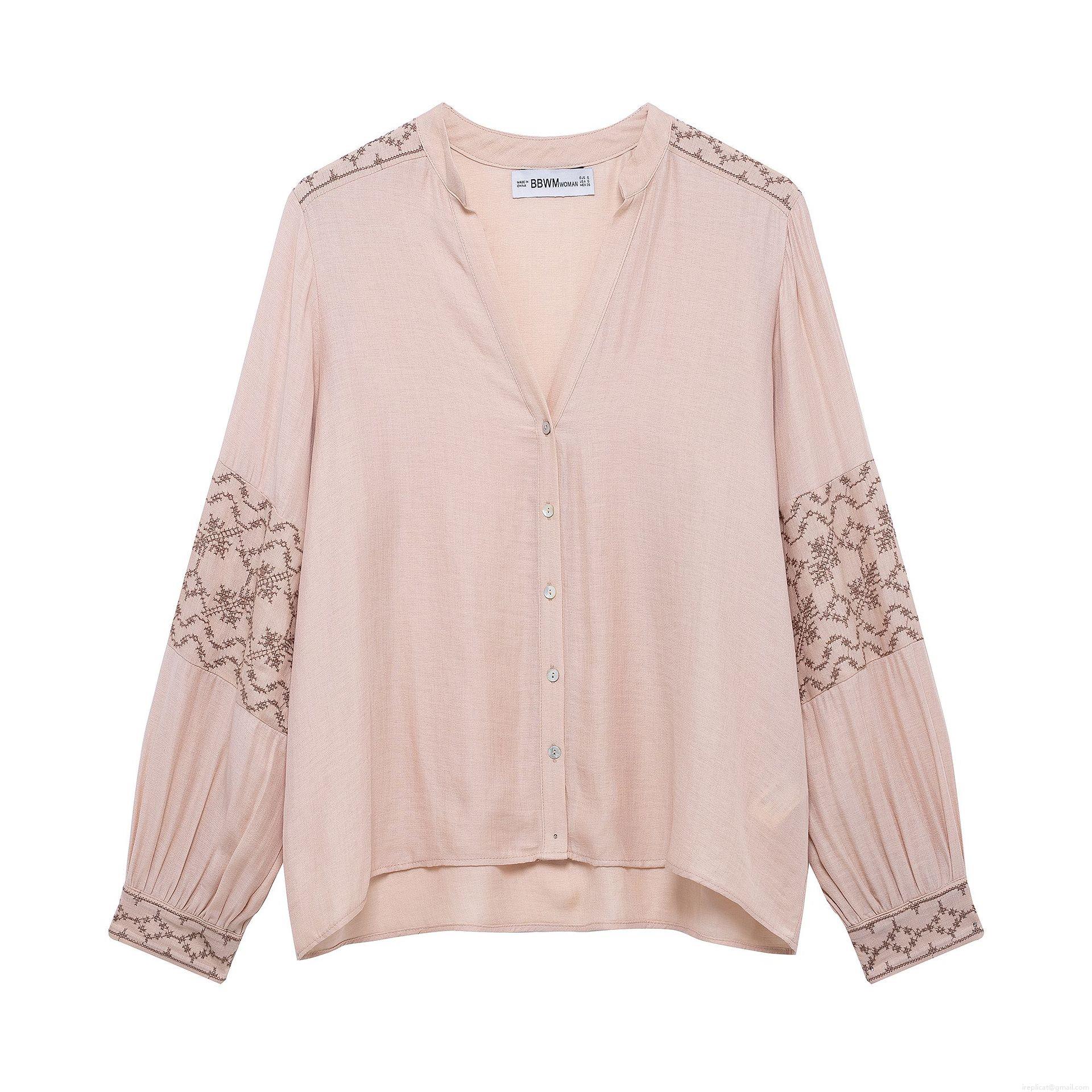 Women's Retro V-Neck Long Sleeve Blouse Vintage Floral Embroidery Loose Fit Polyester Top Elegant Casual Shirt For Ladies Spring Autumn
