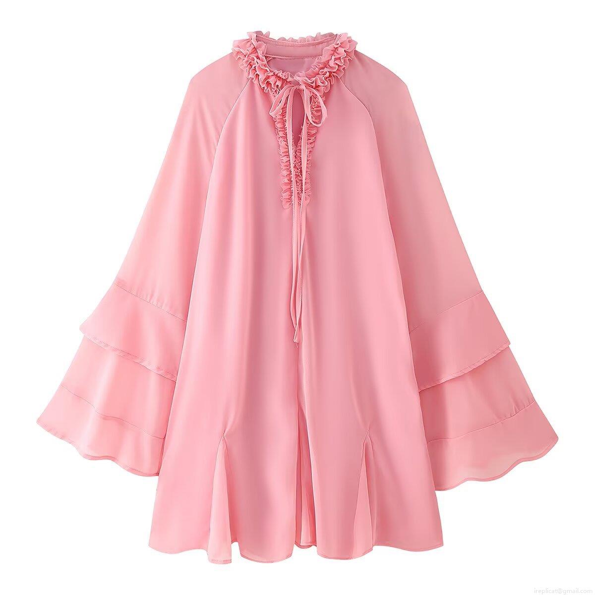 Bohemian Ruffle Chiffon Blouse For Women Tiered Flared Sleeve Tie Neck Loose Fit Summer Tunic Top Elegant Vacation Shirt Solid Color Chic Apparel