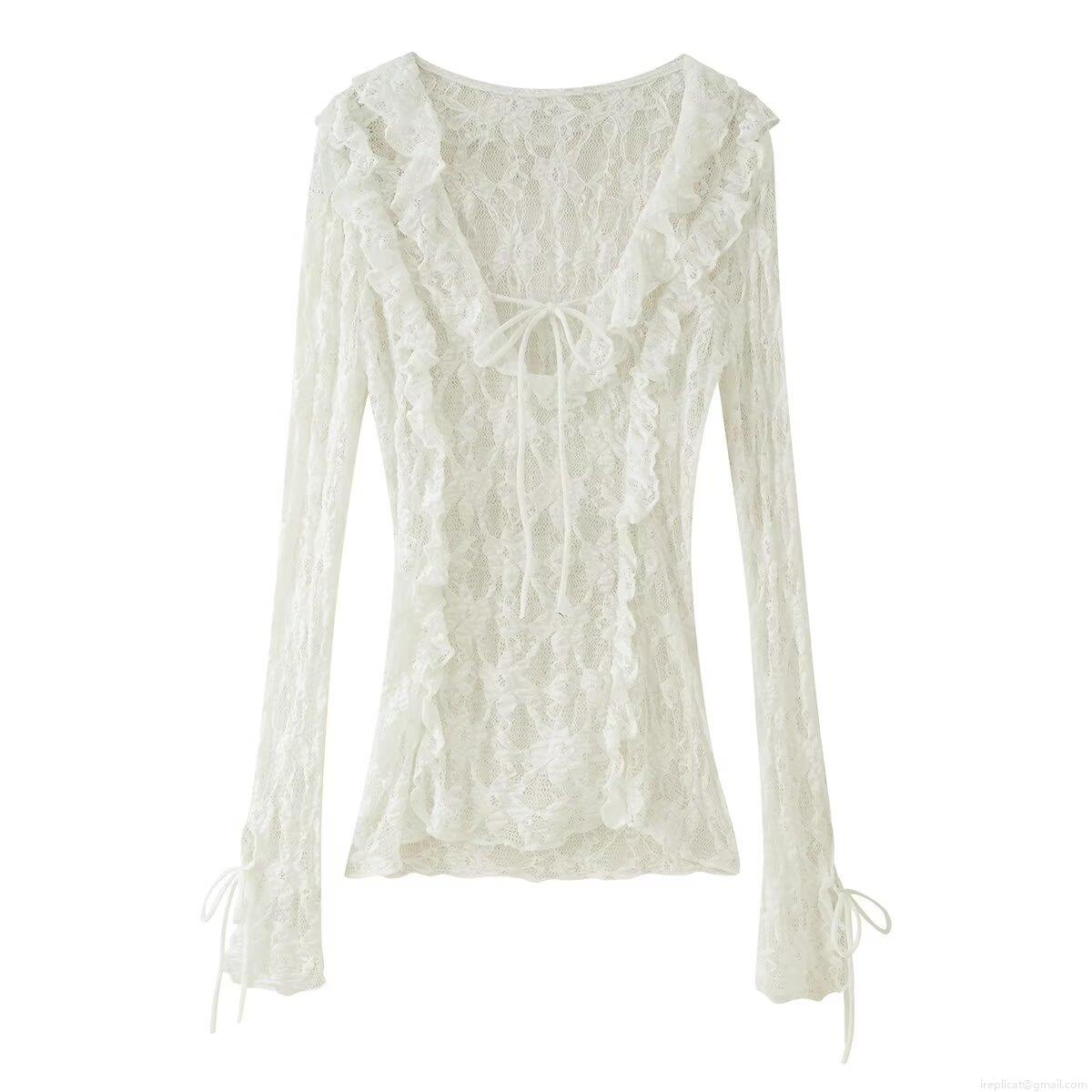Sexy Lace V Neck Blouse Women Ruffle Bowknot Tie Front Long Sleeve Tops Elegant Sheer Polyester Flower Lace Shirt For Party Dating Summer