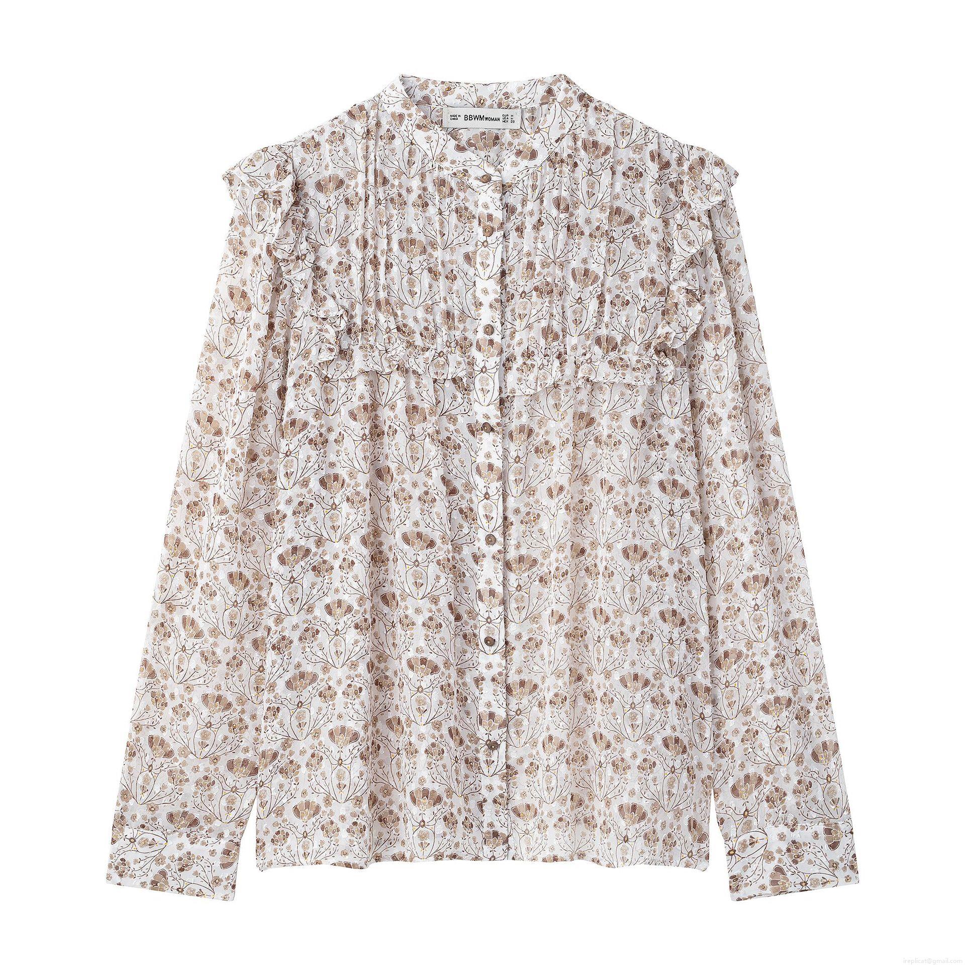Women's Elegant Floral Chiffon Blouse Ruffle Trim Stand Collar Long Sleeve Shirt Vintage Office Daily Casual Sheer Texture Tops With Wood Buttons