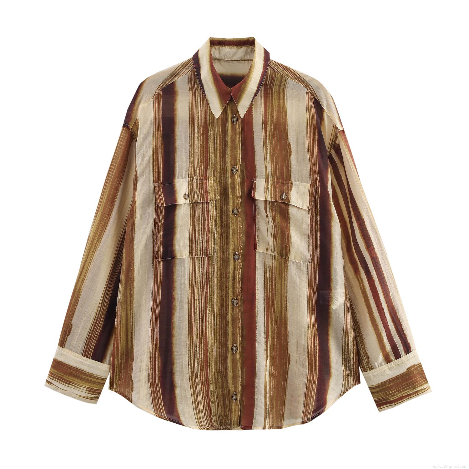 Women's Casual Loose Stripe Blouse Long Sleeve Button Down Shirt Lightweight Polyester Tops Commuter European Style Streetwear for Spring Summer Autumn