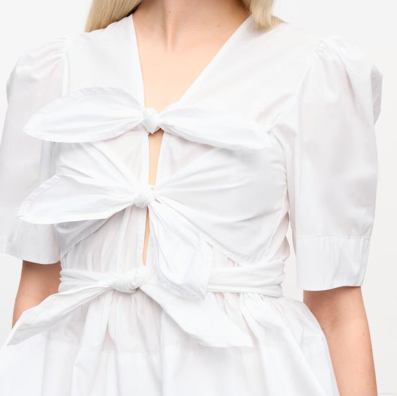 Women's Preppy Style V-Neck Puff Sleeve Peplum Blouse With Bow Tie Decoration Solid Color Polyester Short Sleeve Top For Ladies