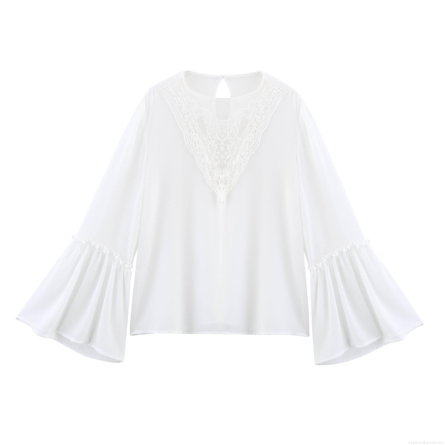 Elegant Women White Chiffon Blouse With Lace Patchwork Long Bell Sleeve Pullover Top For Office Dating Casual Ladies Fashion Shirt
