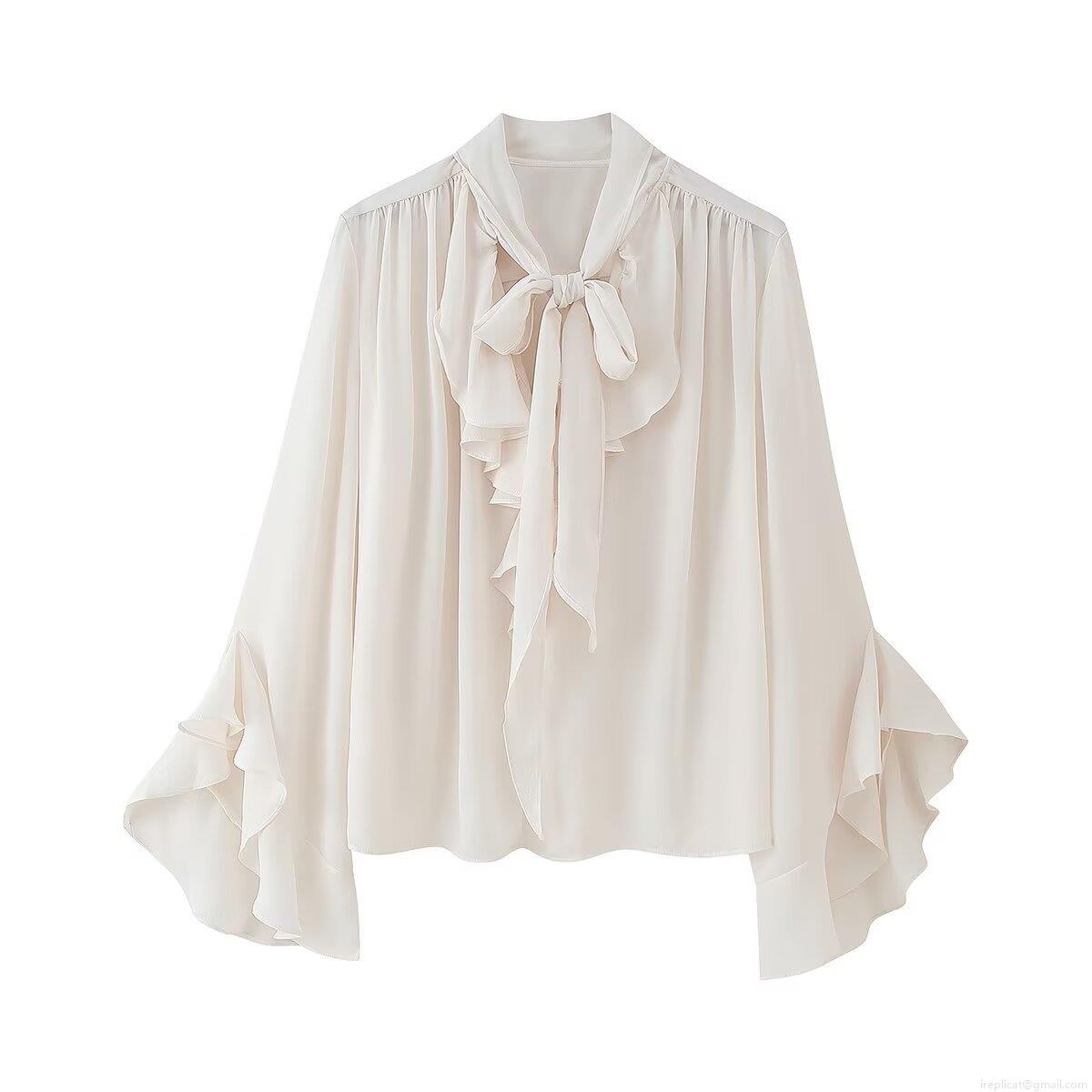 Women's Elegant Chiffon Blouse With Bow Tie Neck Ruffle Flare Long Sleeve Solid Color Retro Top Office Lady Chic Casual Lightweight Shirt