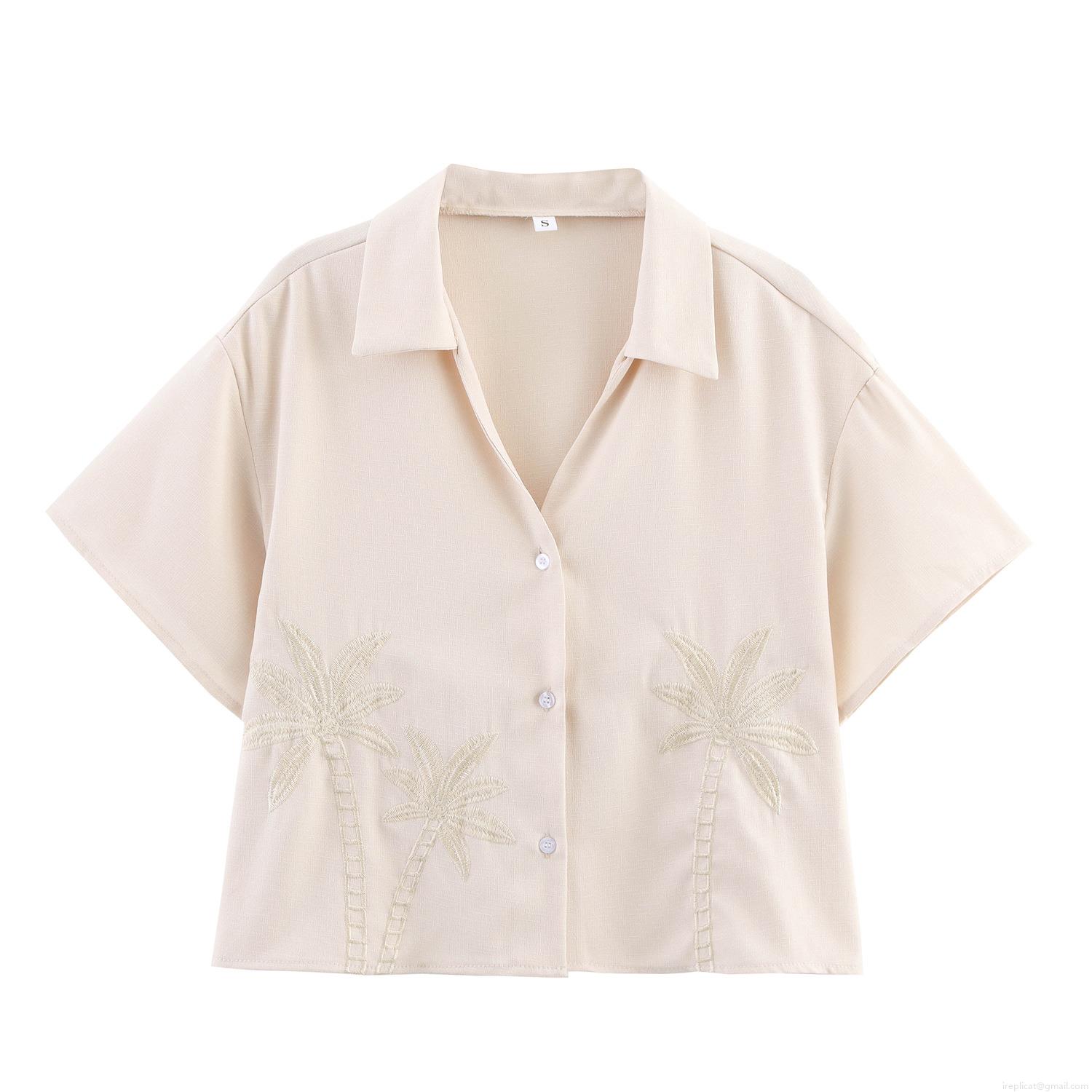 Women Short Sleeve Embroidered Blouse Coconut Tree Pattern Lapel V-Neck Vacation Style Cotton Linen Texture Summer Cropped Top For Beach Resort