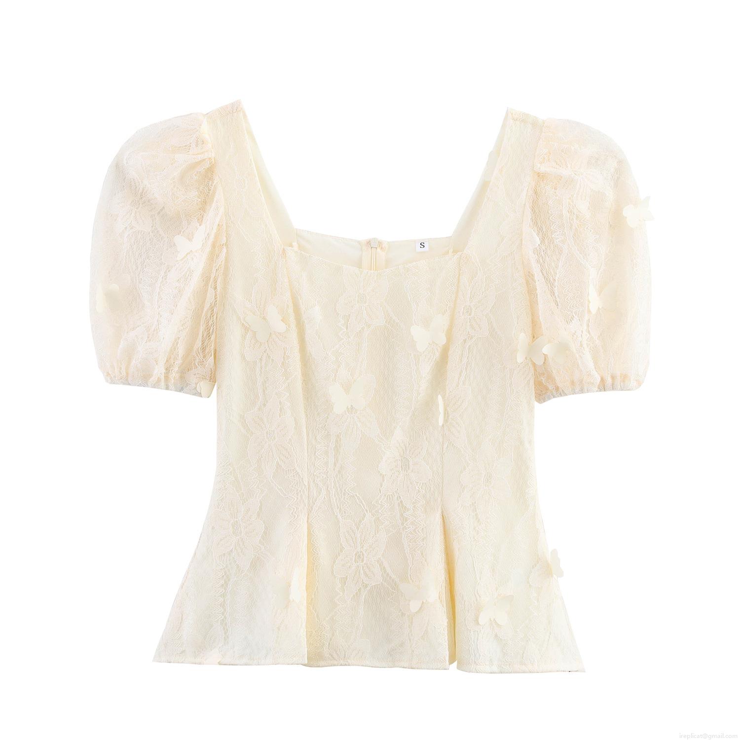 French Retro Lace Blouse With 3D Butterfly Appliques Square Neck Puff Sleeve Mesh Top For Women Sweet Elegant Summer Party Shirt