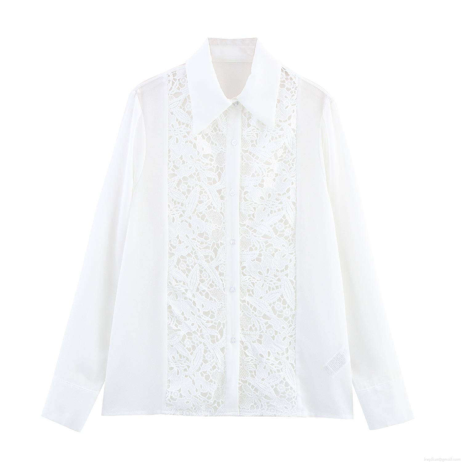 Women's White Lace Patchwork Shirt Long Sleeve Turn-Down Collar Loose Blouse Polyester Office Commuter Top Solid Color Embroidery Elegant Fashion Clothing