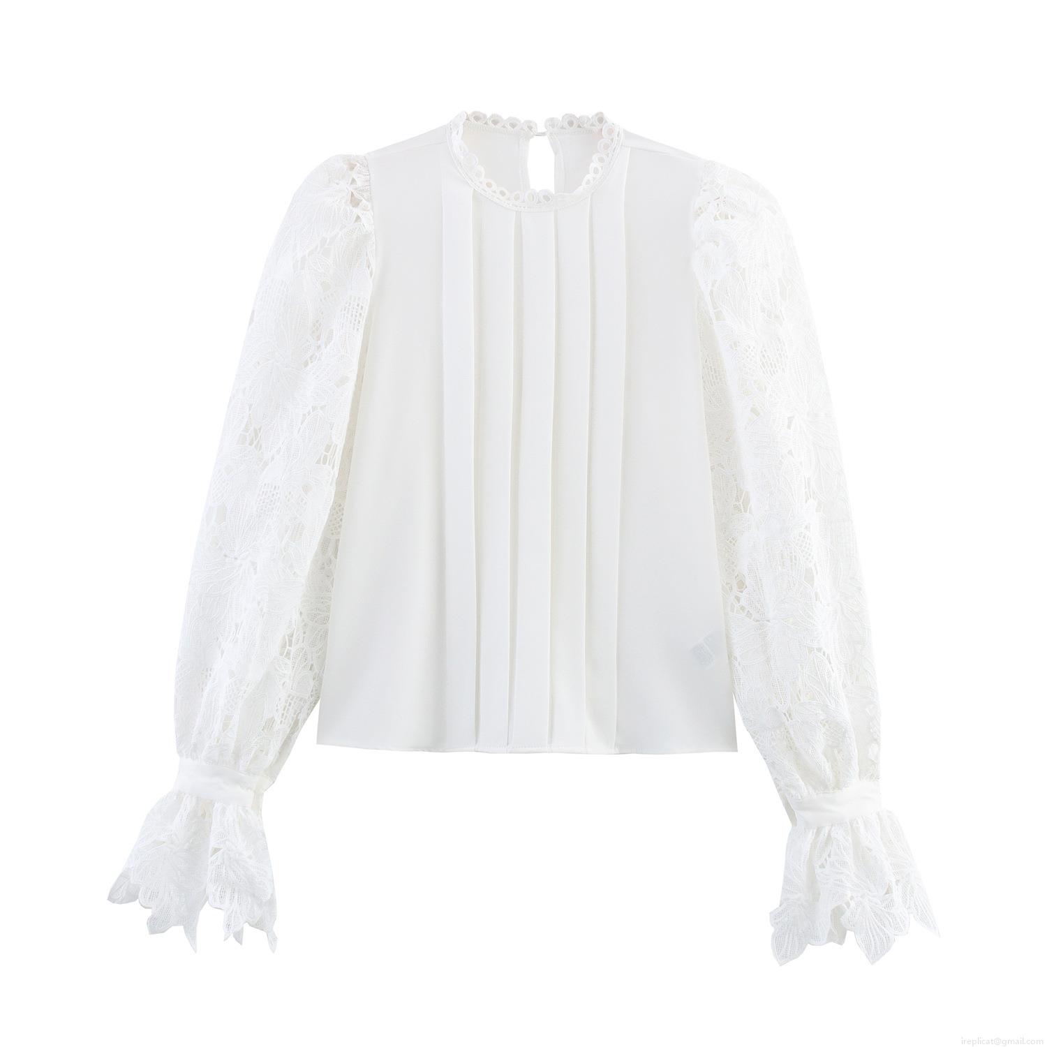 Women Elegant Lace Patchwork Blouse Long Flare Sleeve Pleated Round Neck Top Solid White Polyester Commuter Pullover Shirts for Women