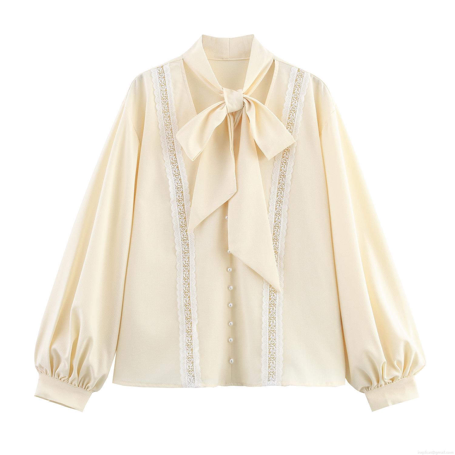 Women's Elegant Polyester Lace Patchwork Blouse Sweet Bow Tie Neck Lantern Sleeve Shirt With Pearl Button Casual Loose Long Sleeve Top For Lady