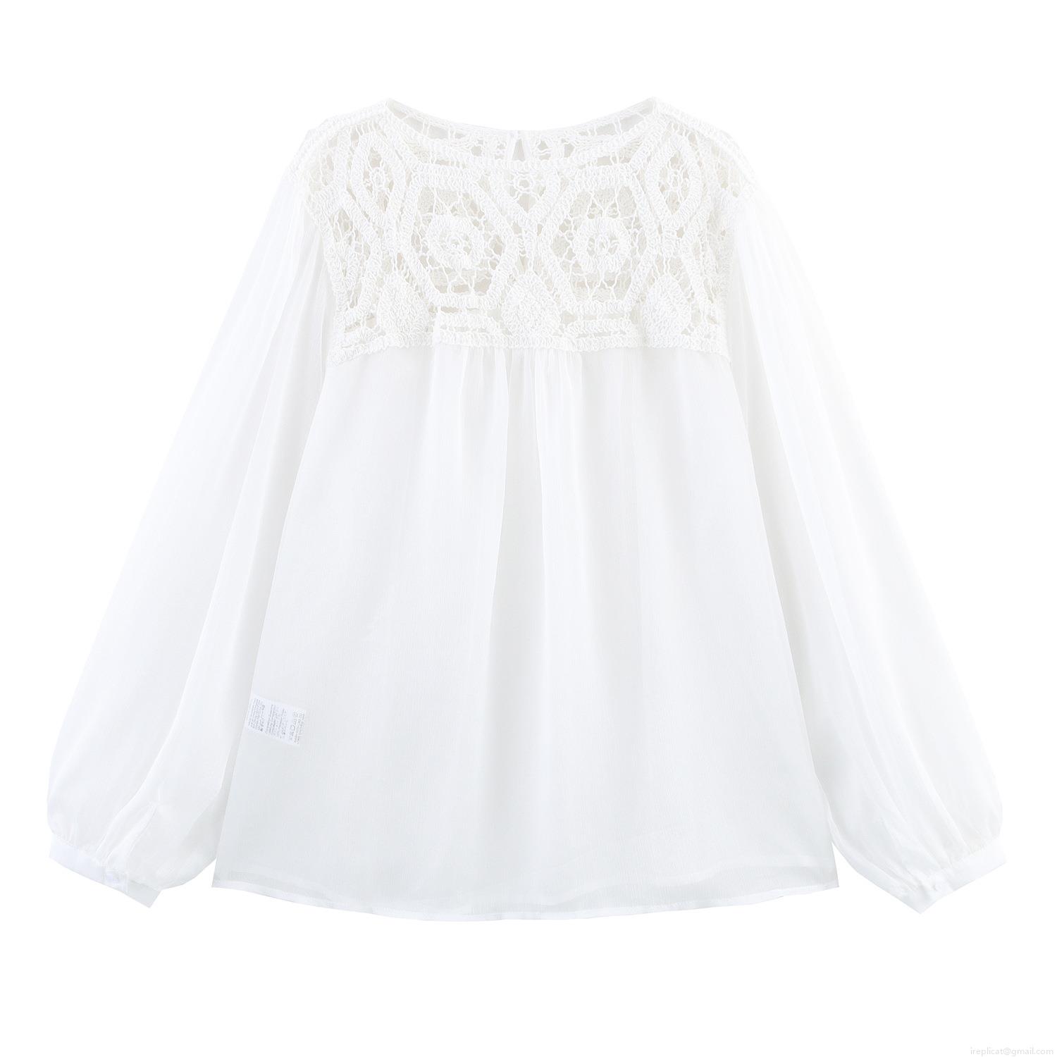French Style Women Crochet Hollow Out Blouse Lace Patchwork Chiffon Long Lantern Sleeve Loose Pullover Top Elegant Sweet Bohemian Shirt