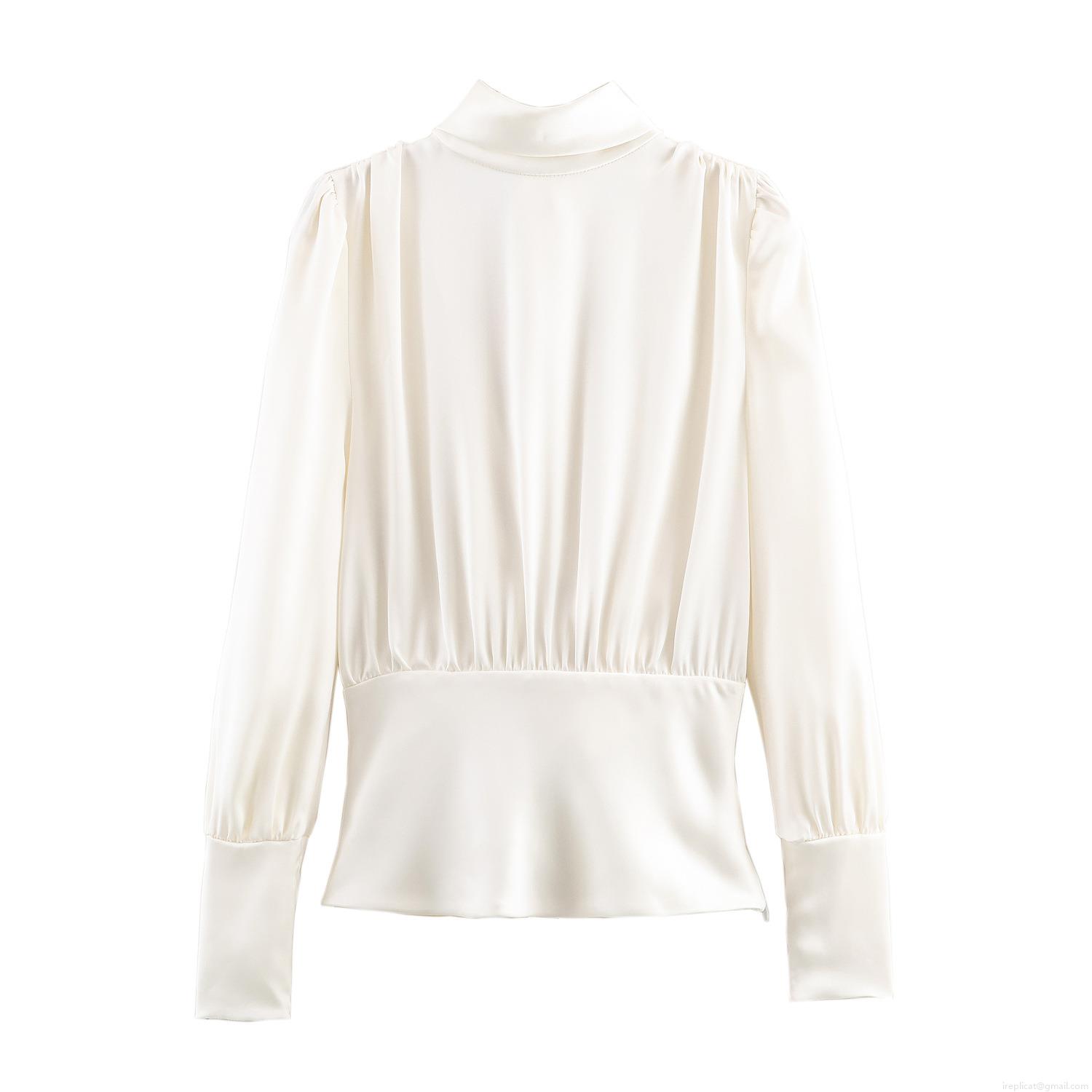 Women's Satin Silk Texture Bow Tie Backless Blouse Sexy Long Sleeve Pleated Blouse For Elegant Party Commute Office Lady Tops