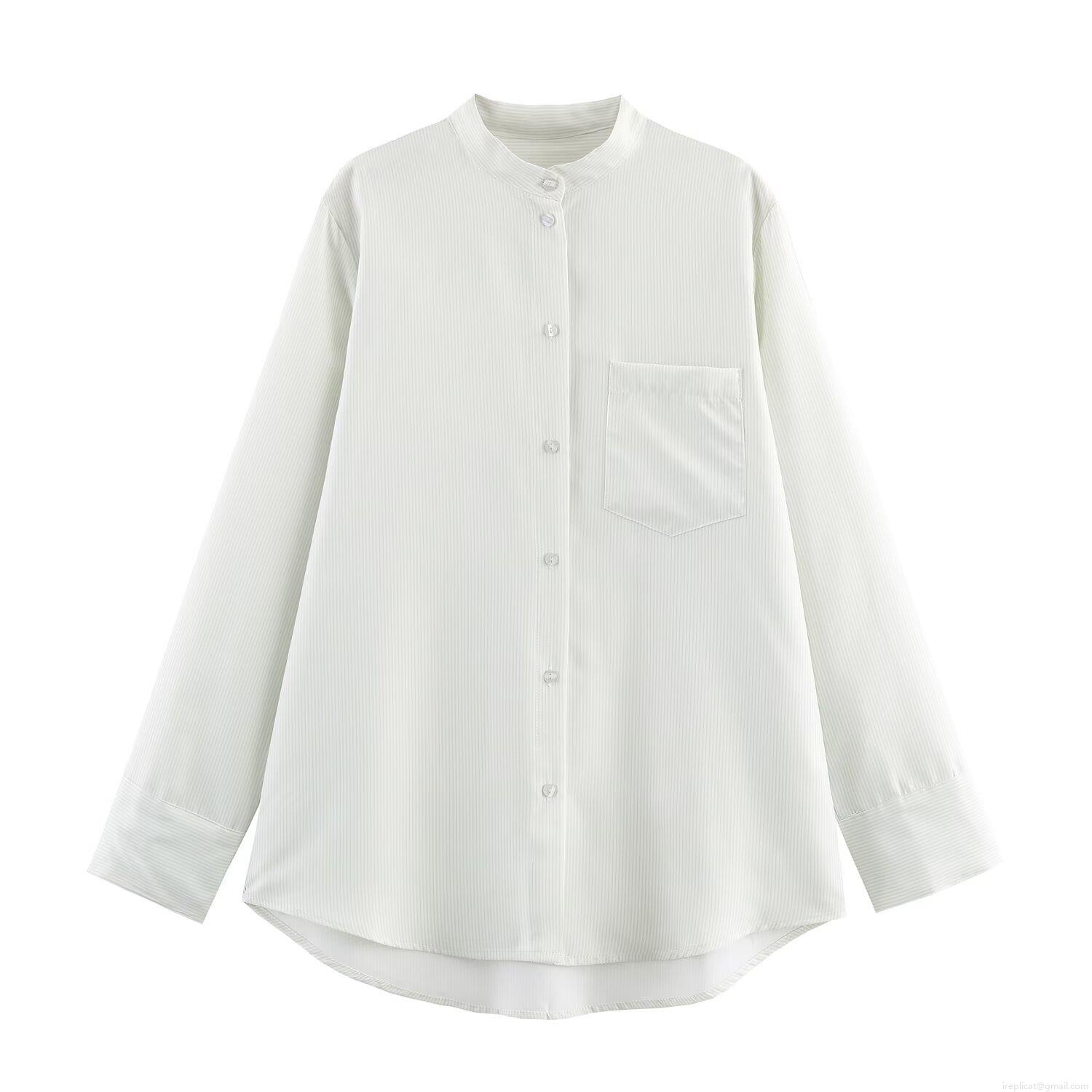 Women Striped Blouse Shirt Long Sleeve Tencel Blend Stand Collar Button Down Casual Streetwear Tops With Chest Pocket For Daily Fashion Lady