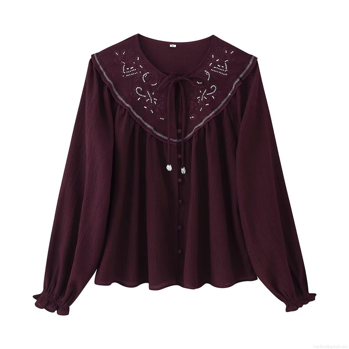 Women's Vintage Beaded Embroidery Blouse Wine Red Long Sleeve Ruffle Cuff Tie Neck Polyester Shirt Streetwear Casual Loose Fit Bohemian Tops