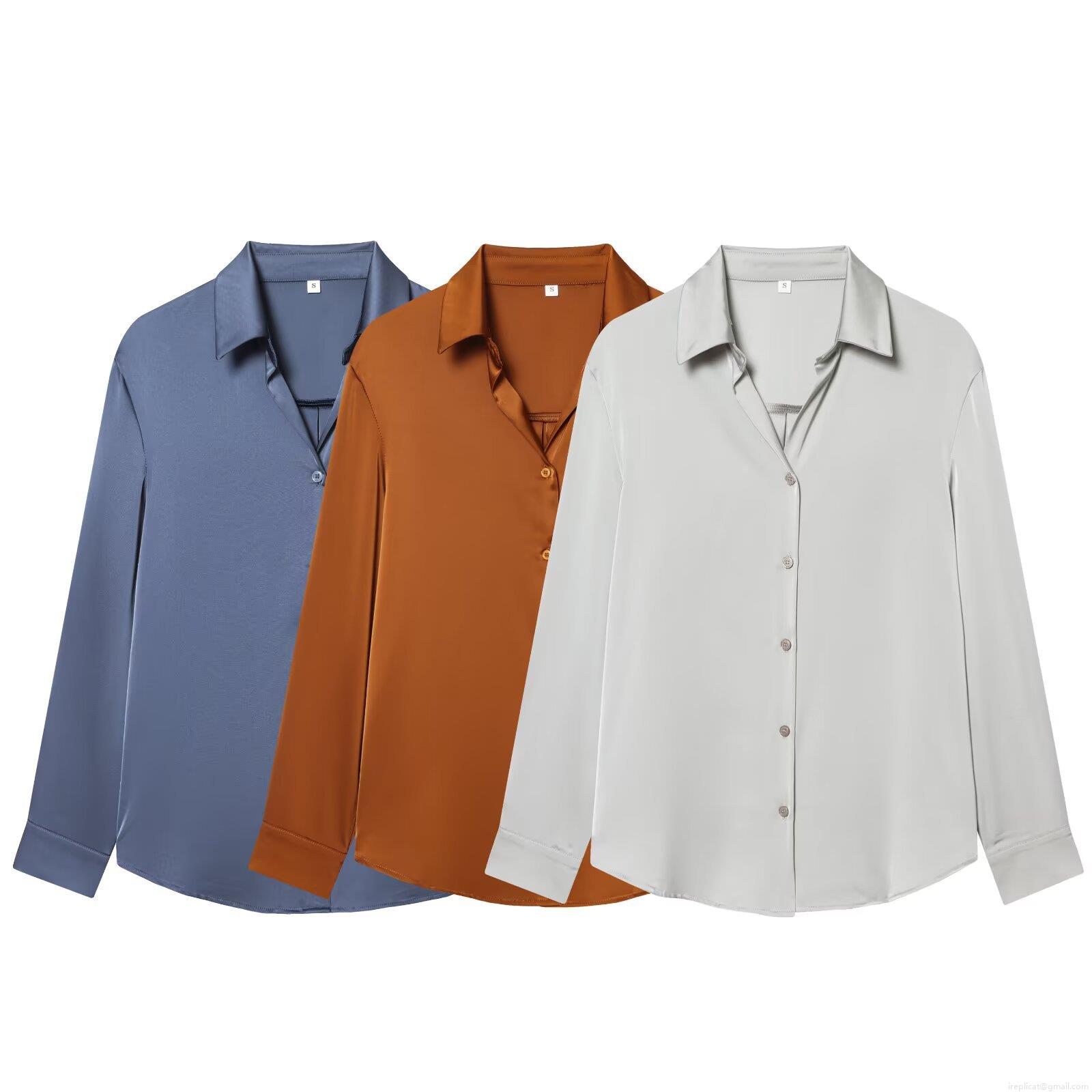 Women's Satin Button Down Shirt Long Sleeve Lapel Solid Color Blouse Office Work Casual Silky Top Streetwear Elegant Spring Tops