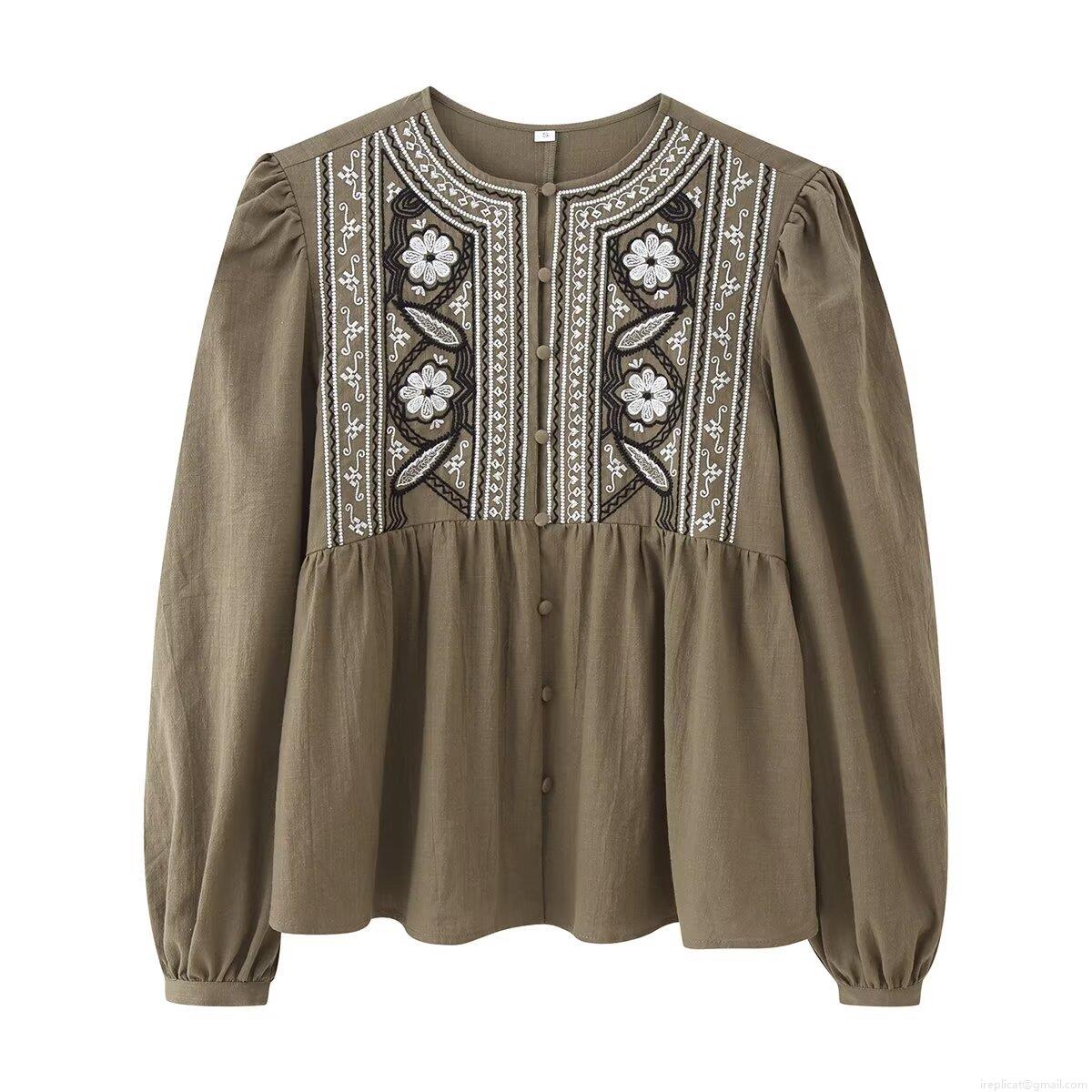 Women Round Neck Long Lantern Sleeve Floral Embroidery Blouse Casual Button Down Polyester Shirt Bohemian Spring Streetwear Top