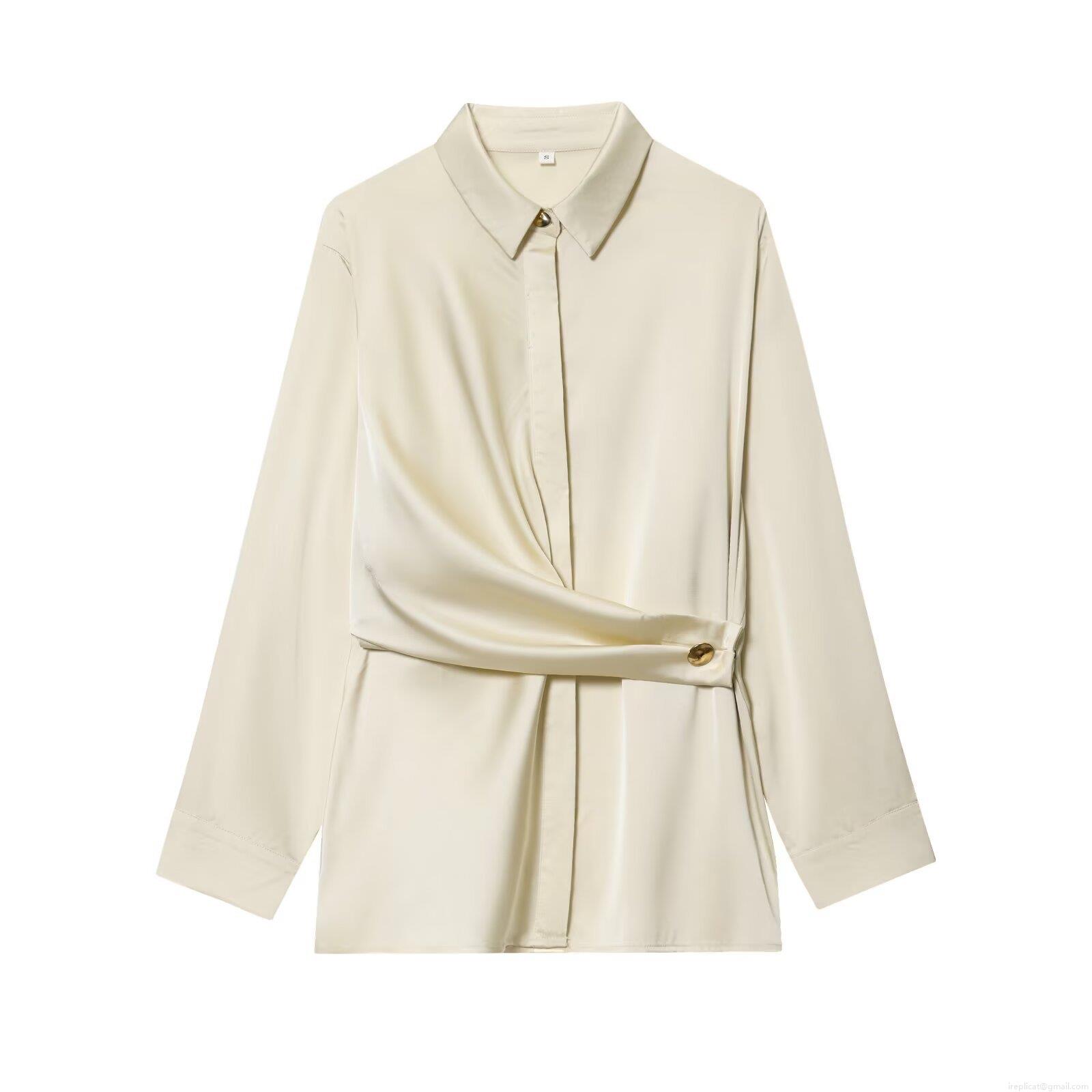 Elegant Women Acetate Satin Long Sleeve Blouse Turnover Collar Single Breasted Shirt With Waist Twist Pleated Design Metal Button For Office Street Casual Champagne Beige