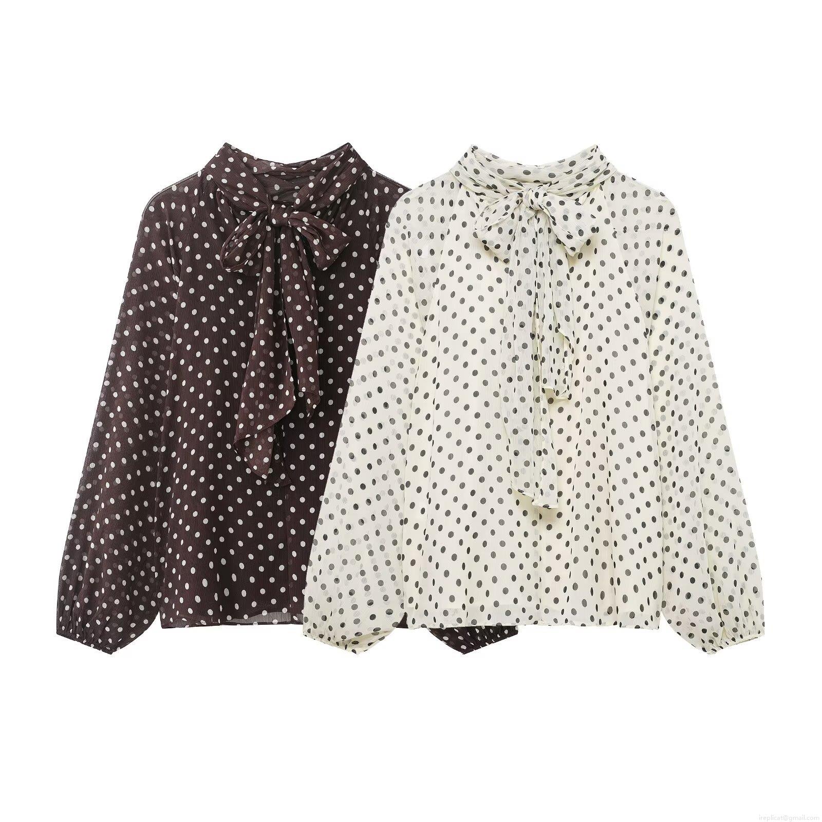 Women's Elegant Polka Dot Blouse Long Sleeve Bow Tie Neck Chiffon Polyester Shirt Loose Fit Vintage Casual Top For Women