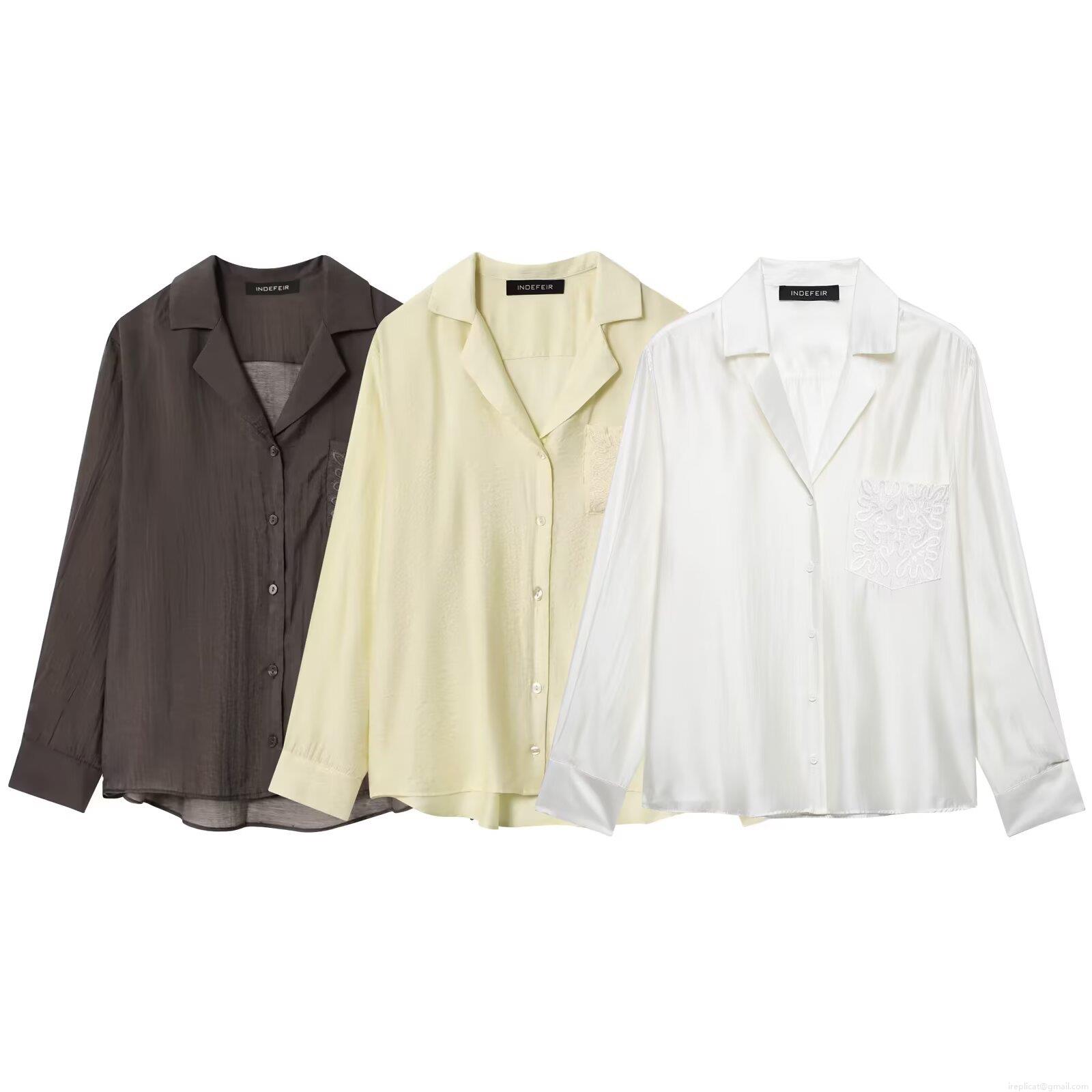 Women's Elegant Satin Button Down Shirt Loose Fit Embroidery Pocket Blouse Long Sleeve Lapel Polyester Satin Top For Daily Office Street Style